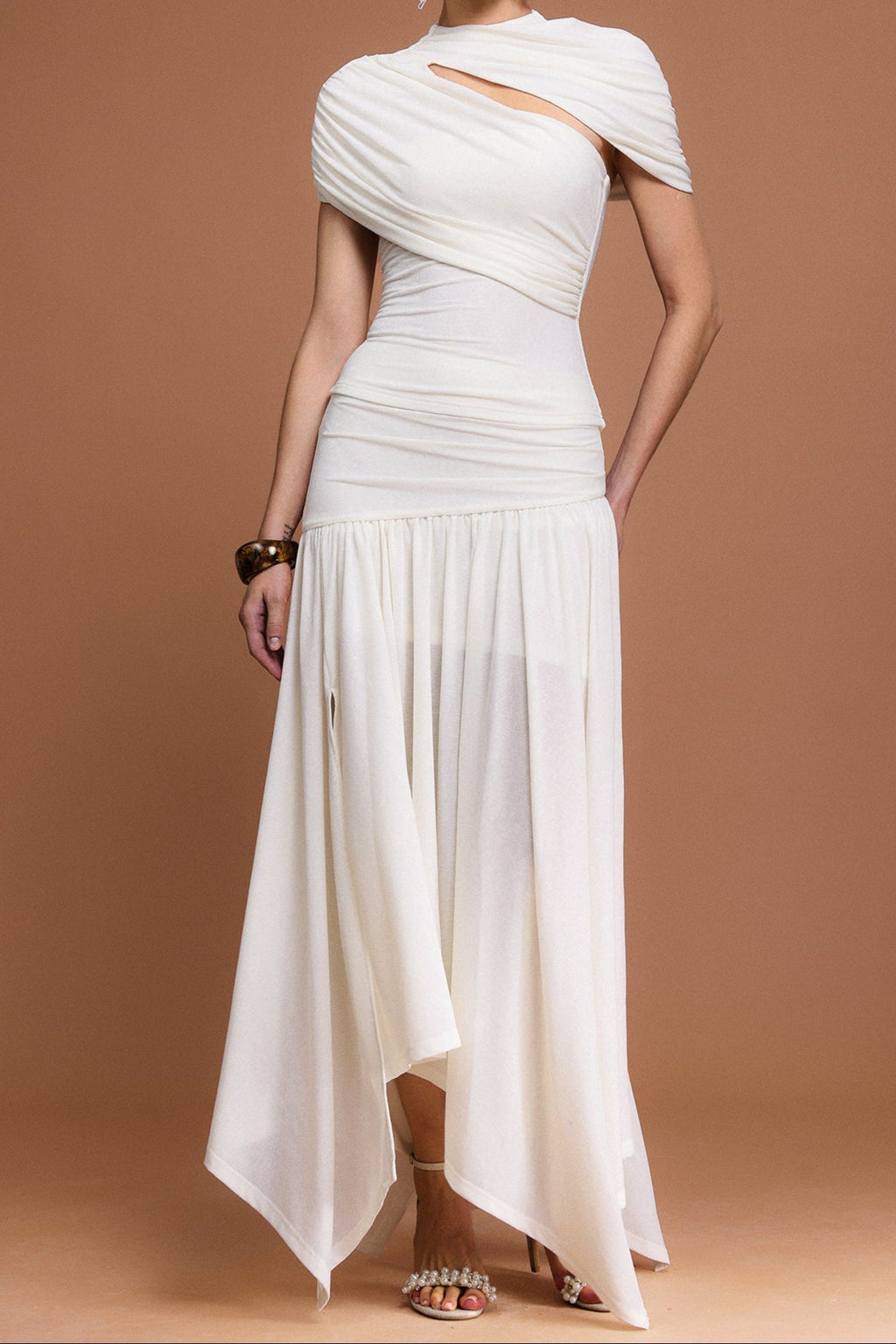 kristin Short Sleeves Asymmetric Folds Top And Skirt Two-Piece Set