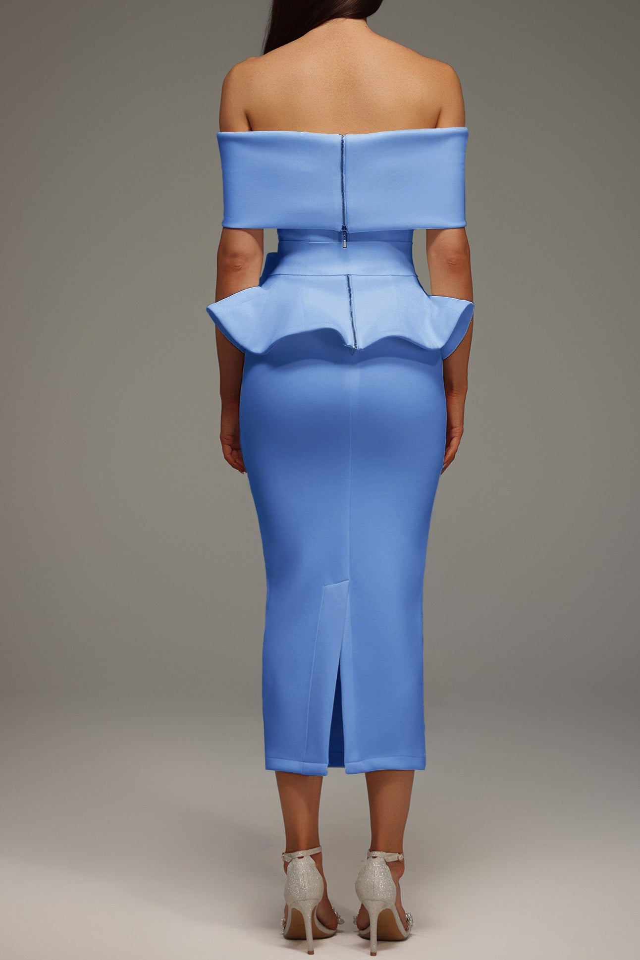 Eleanore Off The Shoulder  Ruffled Edge Blue Midi Dress