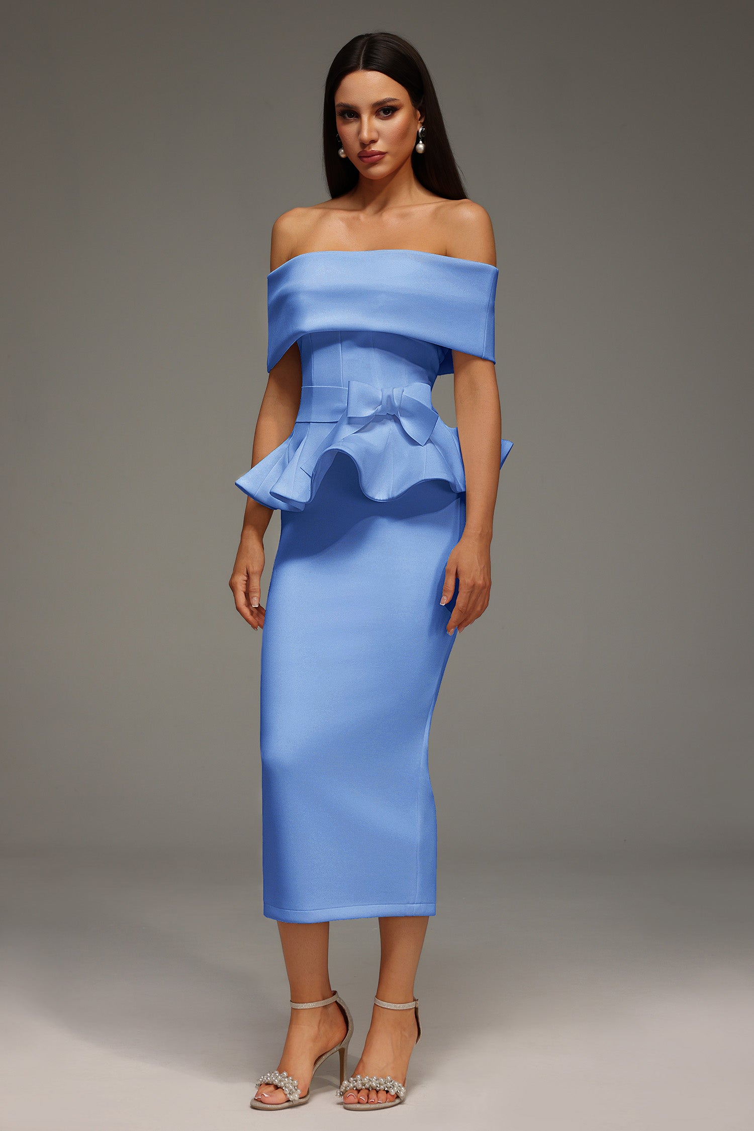 Eleanore Off The Shoulder  Ruffled Edge Blue Midi Dress