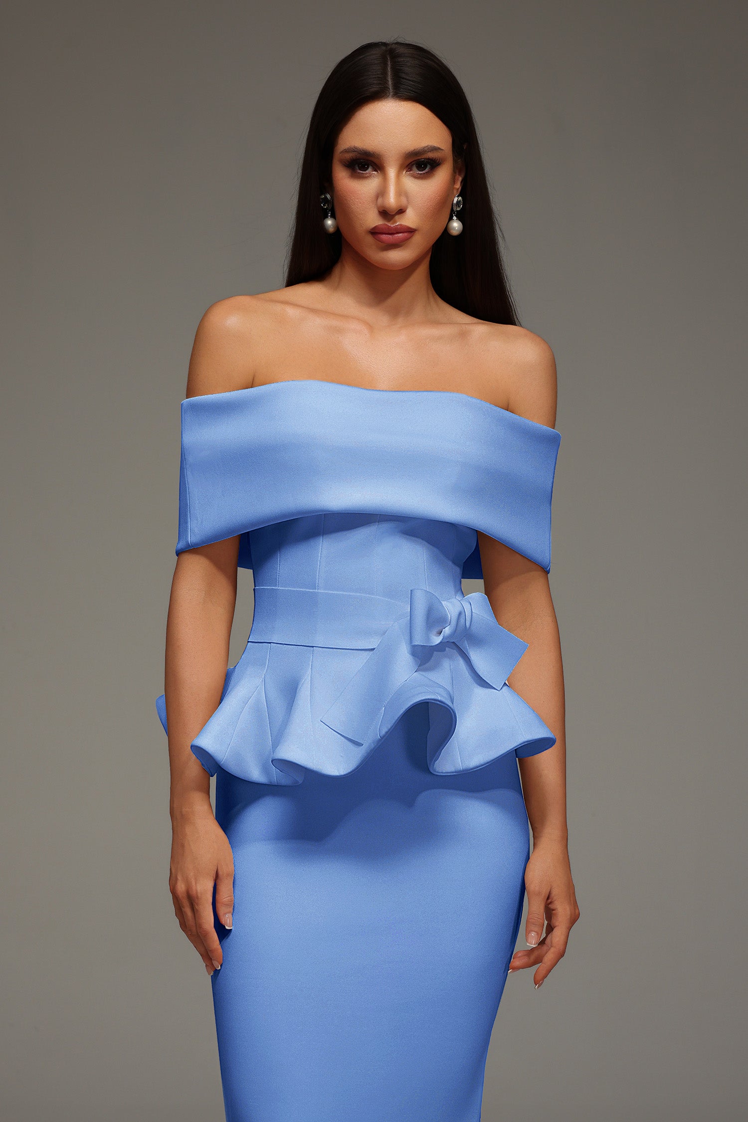 Eleanore Off The Shoulder  Ruffled Edge Blue Midi Dress