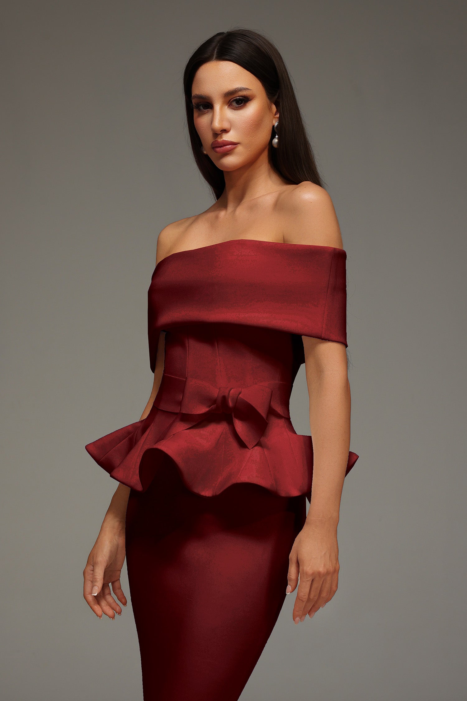 Eleanore Off The Shoulder  Ruffled Edge Red Midi Dress
