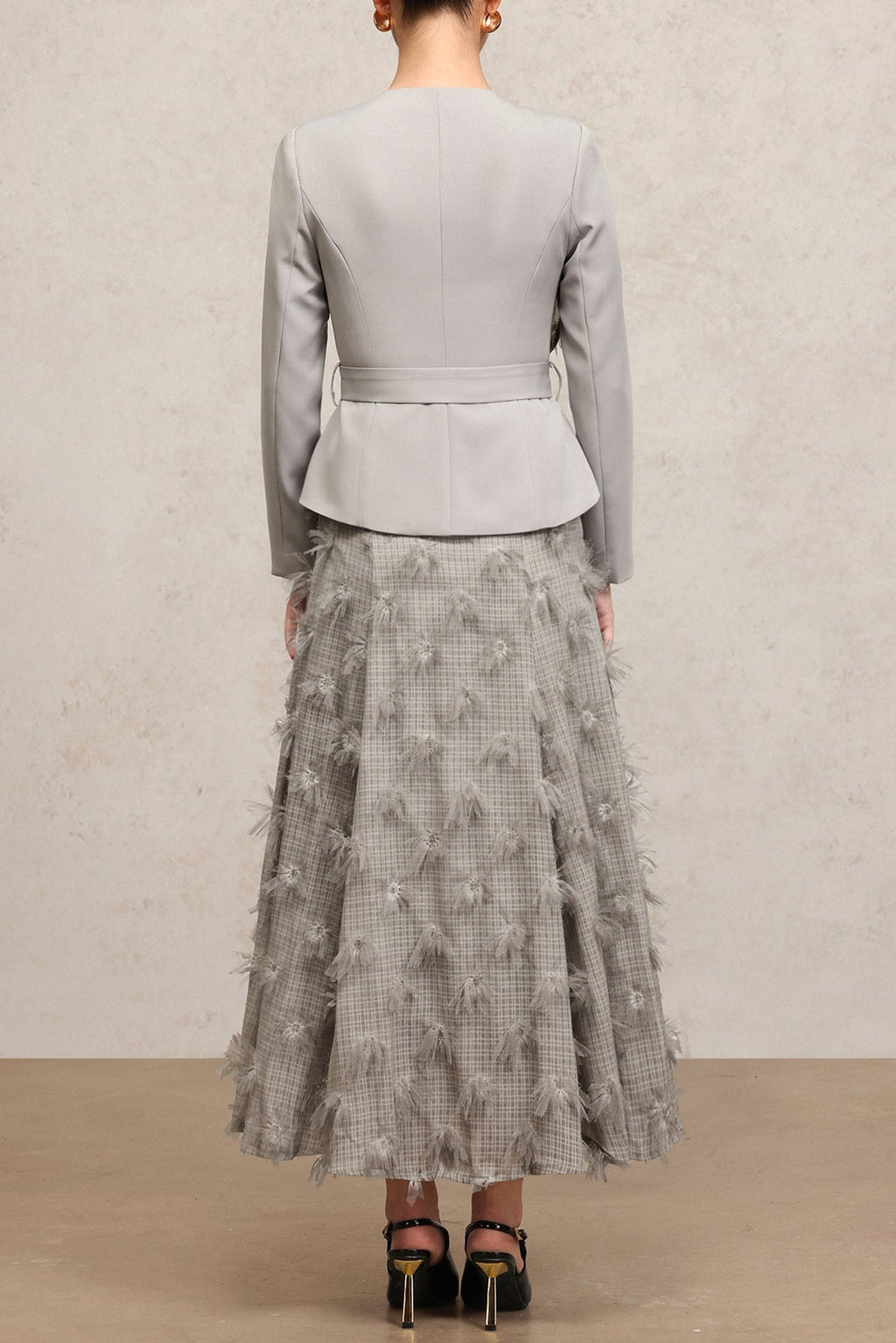 dominic grey Round Neck Long Sleeves Flower Top And Skirt Two-Piece Set