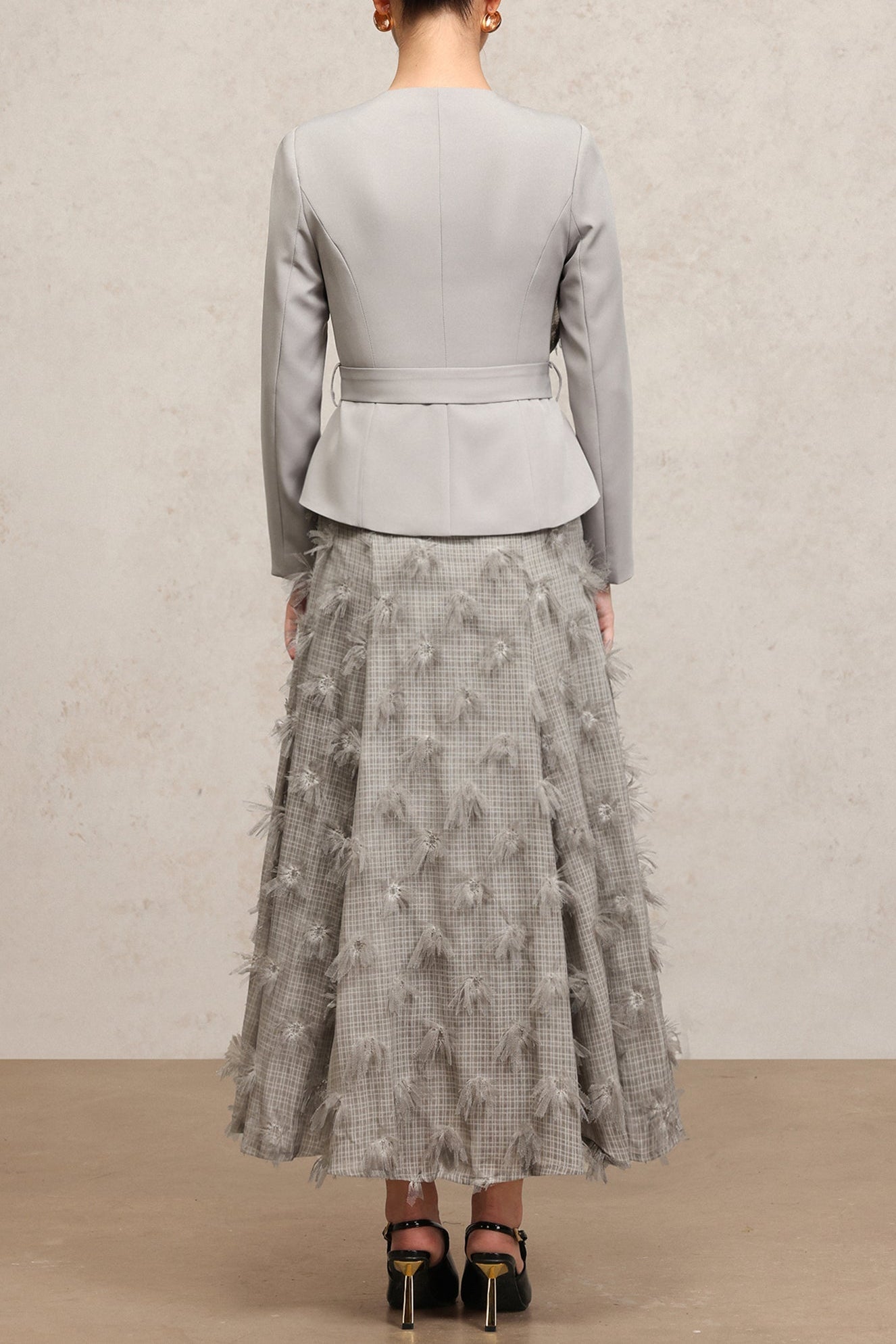 dominic grey Round Neck Long Sleeves Flower Top And Skirt Two-Piece Set