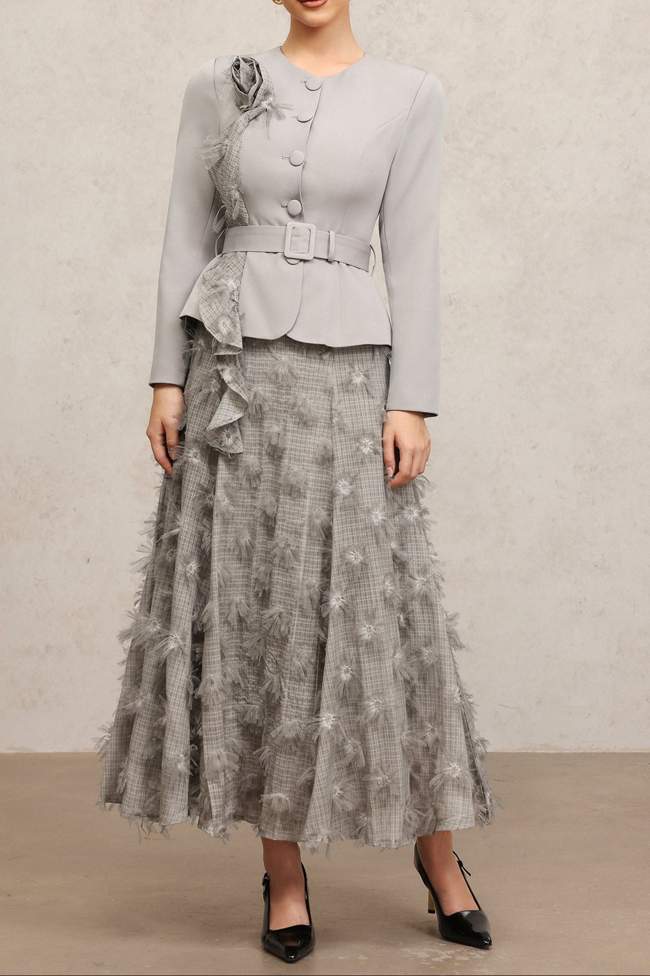 dominic grey Round Neck Long Sleeves Flower Top And Skirt Two-Piece Set
