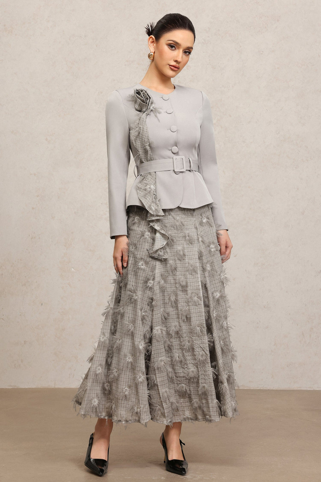 dominic grey Round Neck Long Sleeves Flower Top And Skirt Two-Piece Set