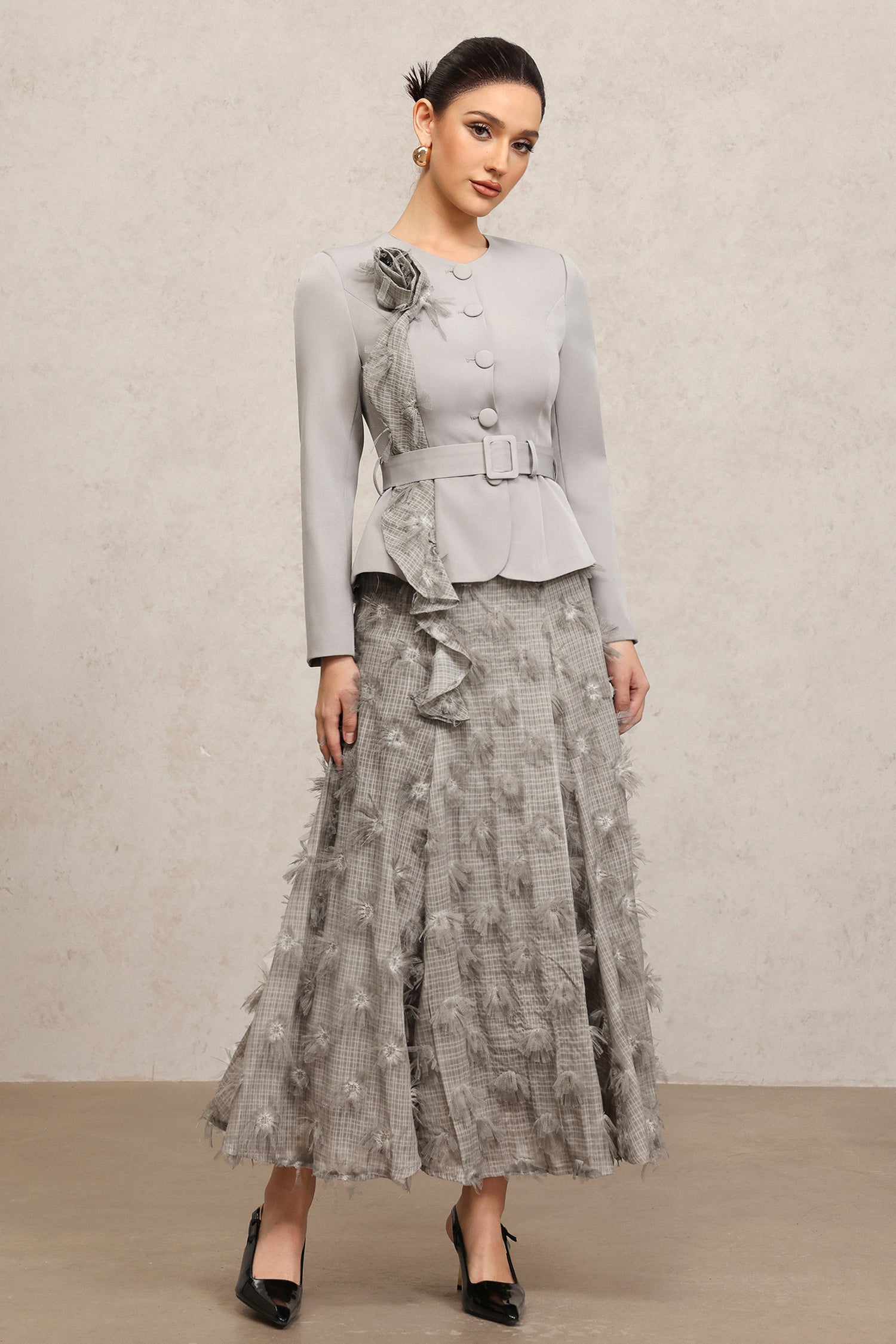 dominic grey Round Neck Long Sleeves Flower Top And Skirt Two-Piece Set