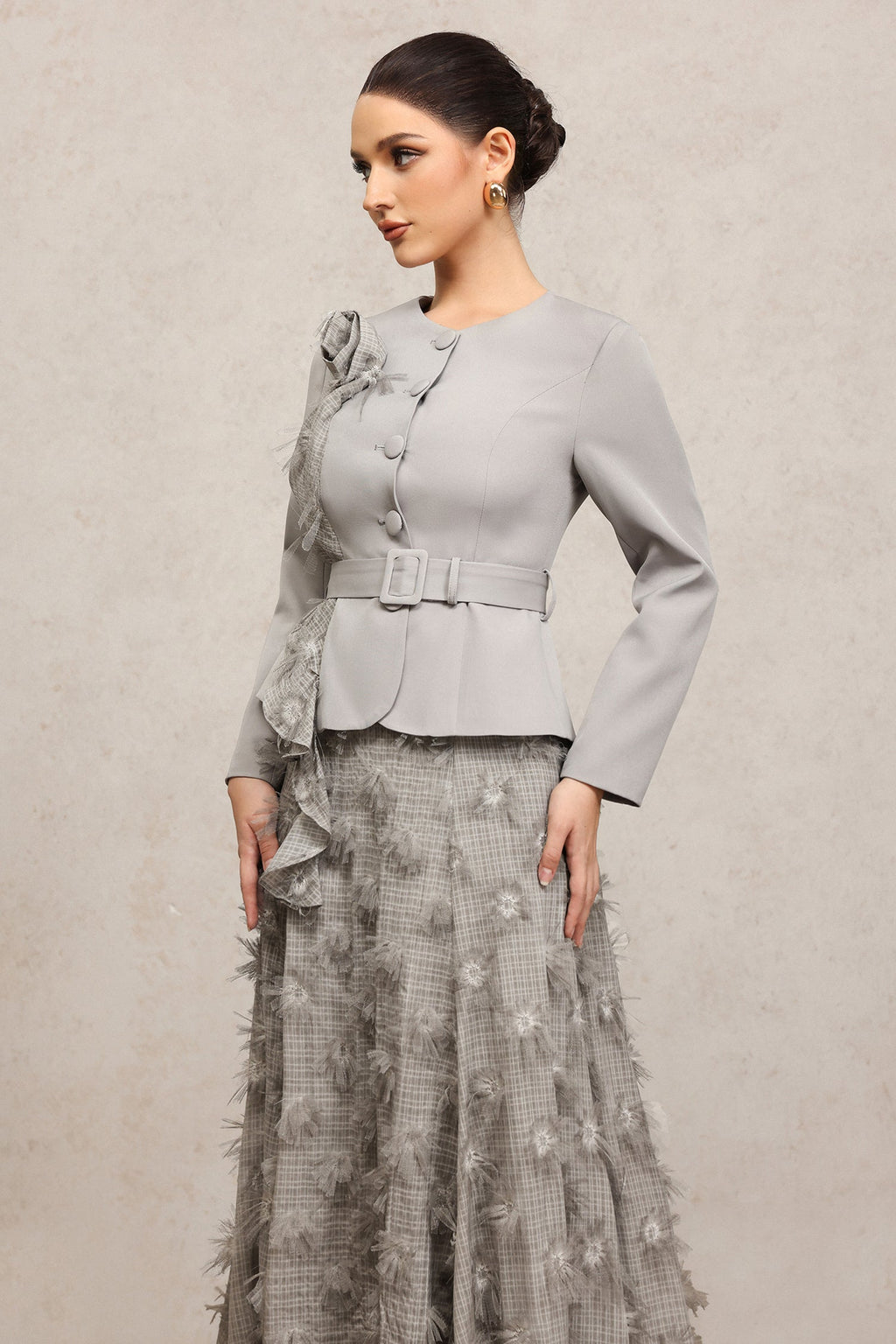 dominic grey Round Neck Long Sleeves Flower Top And Skirt Two-Piece Set
