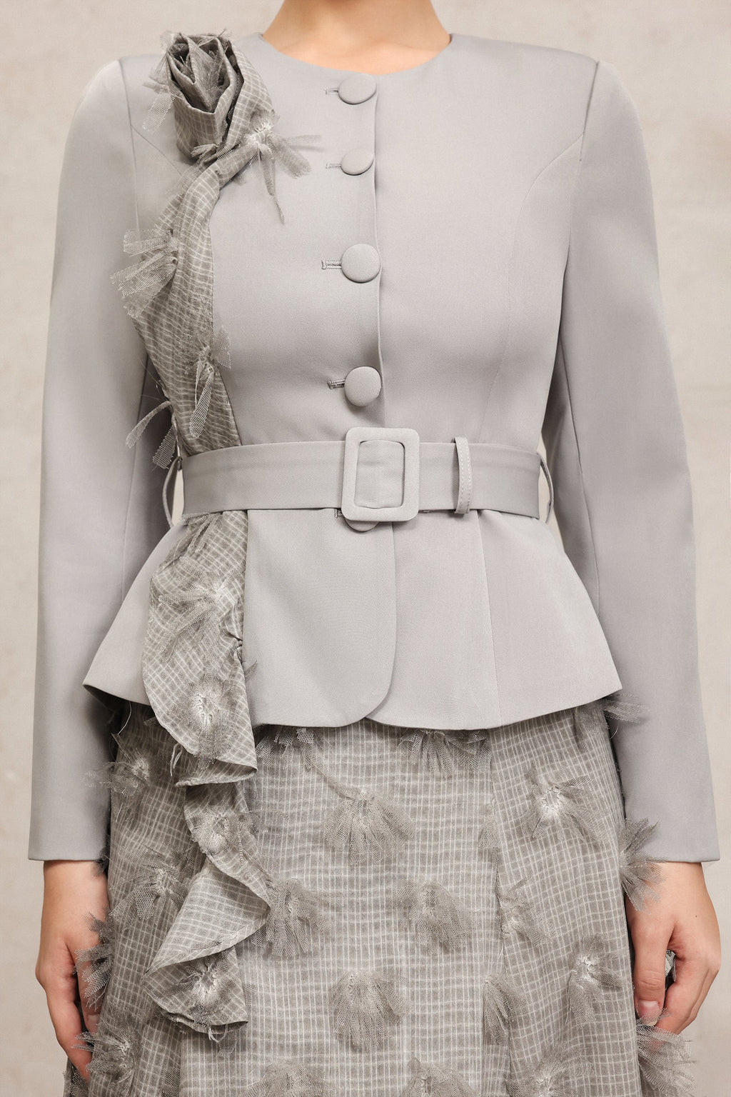 dominic grey Round Neck Long Sleeves Flower Top And Skirt Two-Piece Set