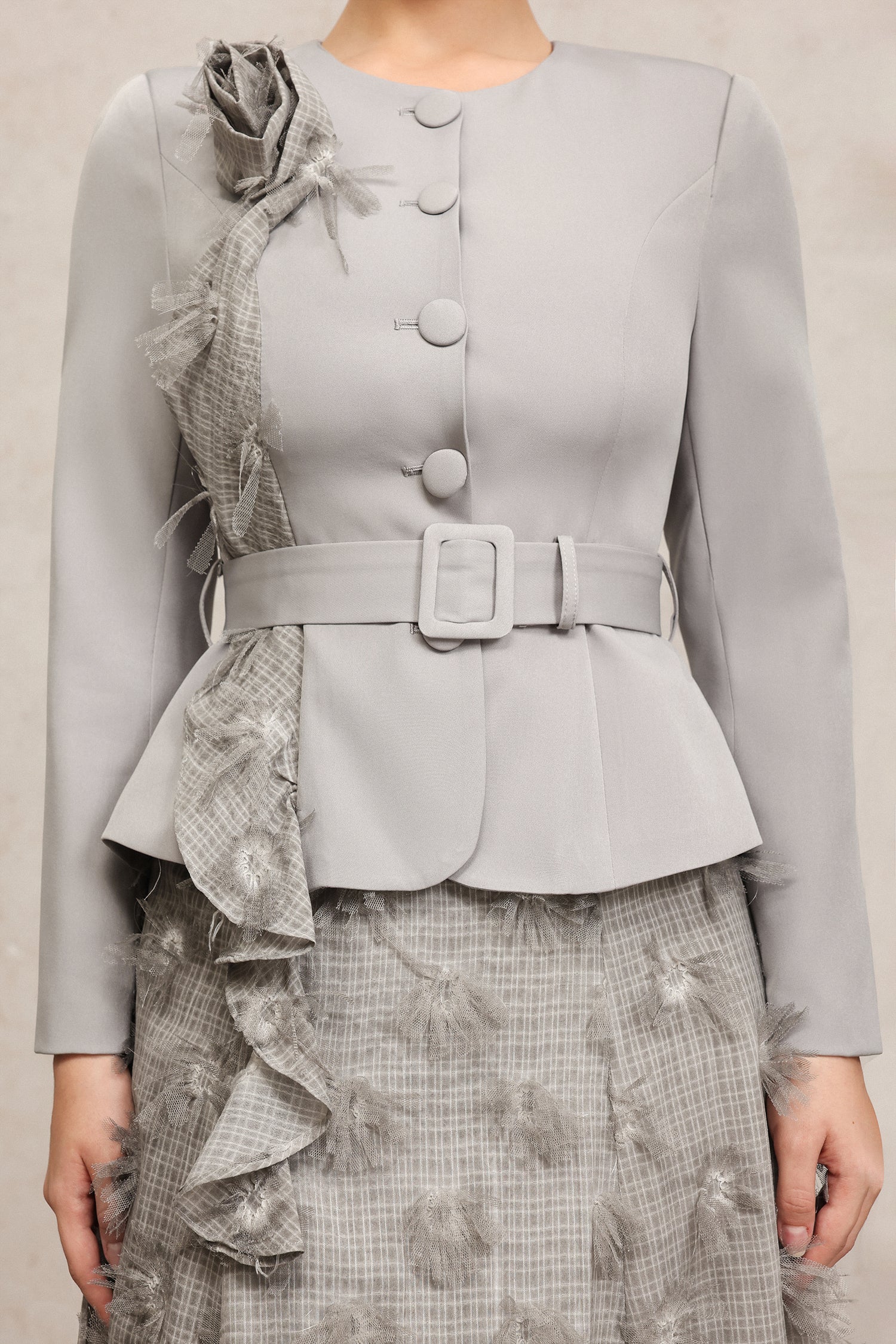 dominic grey Round Neck Long Sleeves Flower Top And Skirt Two-Piece Set