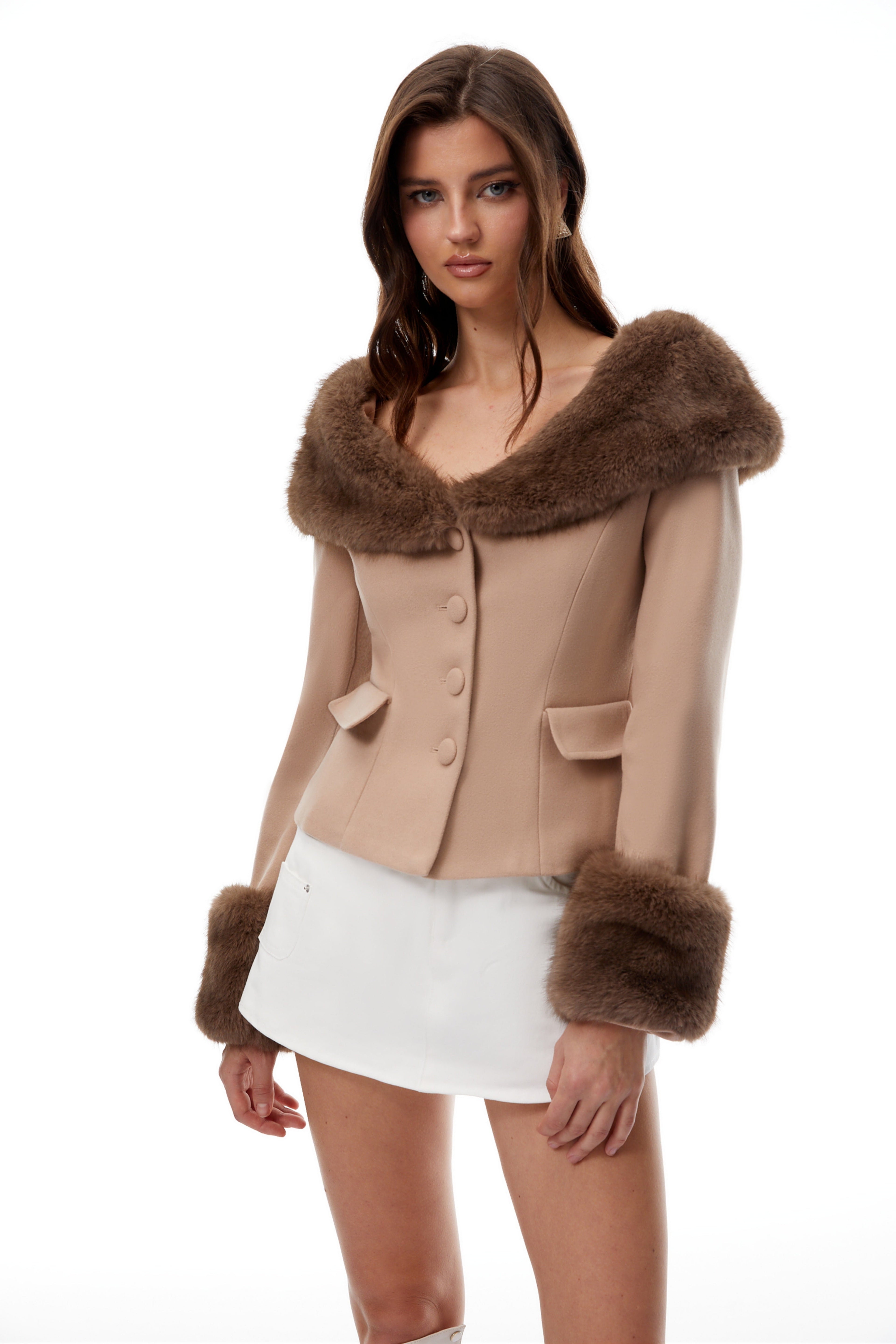 victoria Khaki Fur Trim Wool Jacket