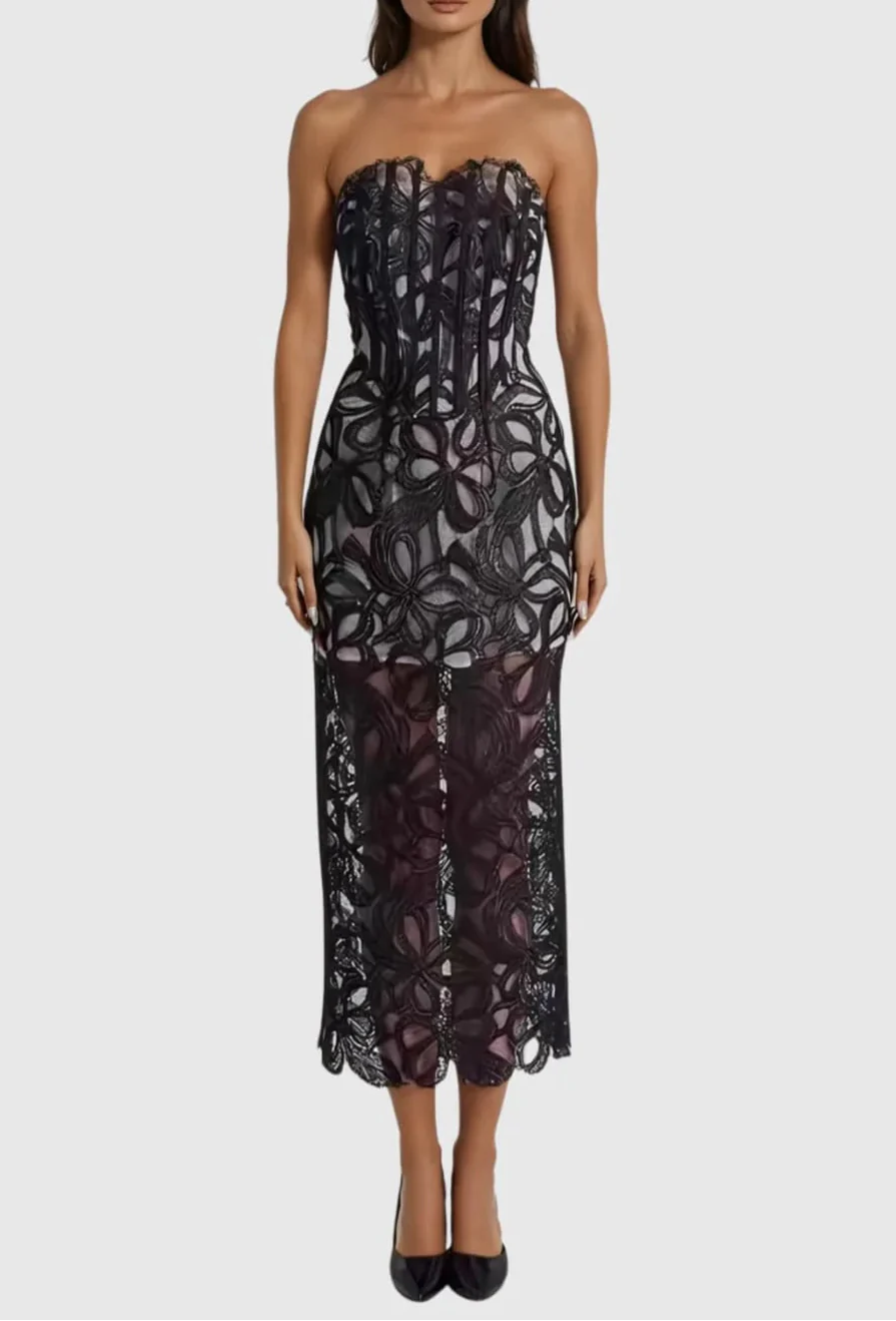 letitia Strapless Flower Embroidered Midi Dress