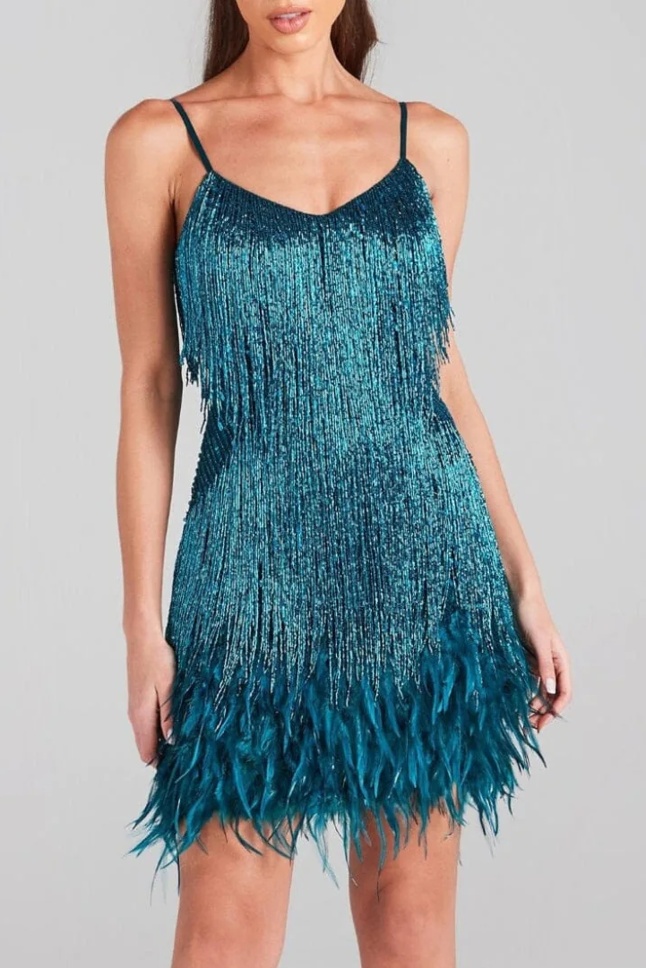 EMERALD TASSEL FEATHER MINI DRESS