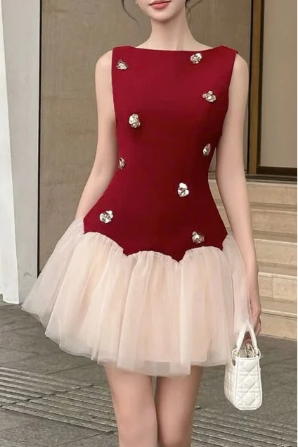 beryl 3D flower patchwork tulle mini dress in red