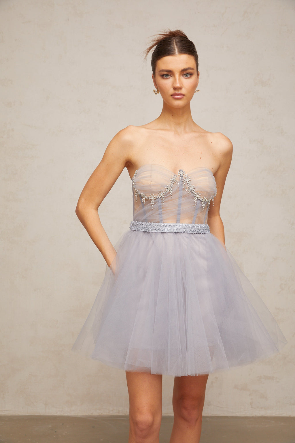 madeline grey embellished puff tulle mini dress