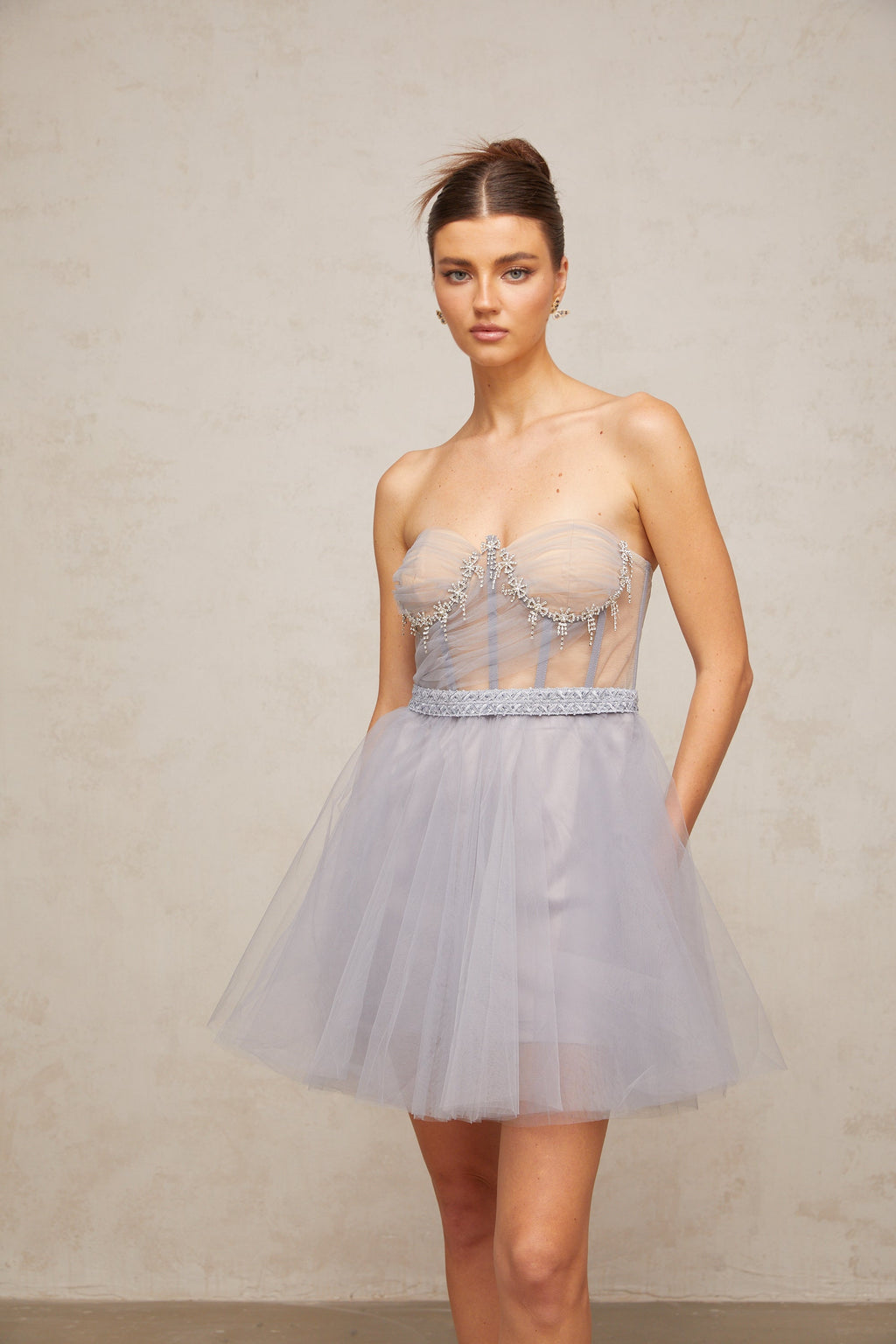 madeline grey embellished puff tulle mini dress