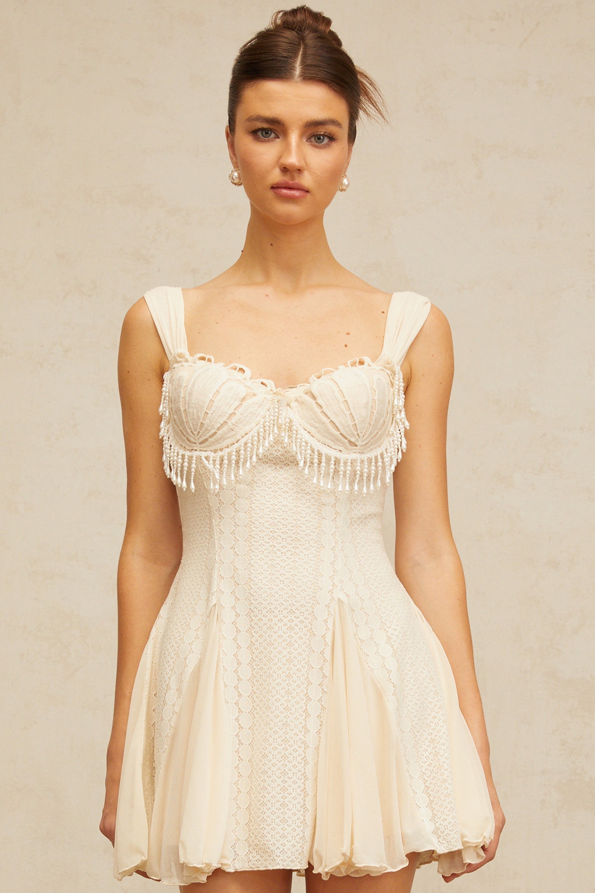 atalanta embellished flared mini dress in cream-white