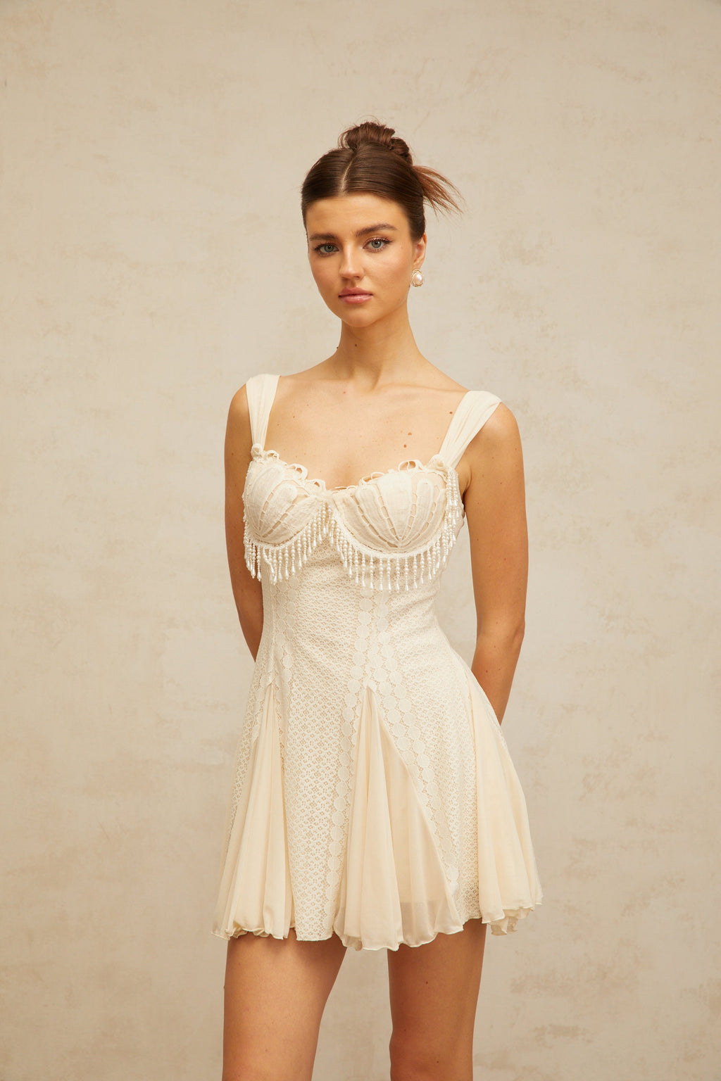 atalanta embellished flared mini dress in cream-white