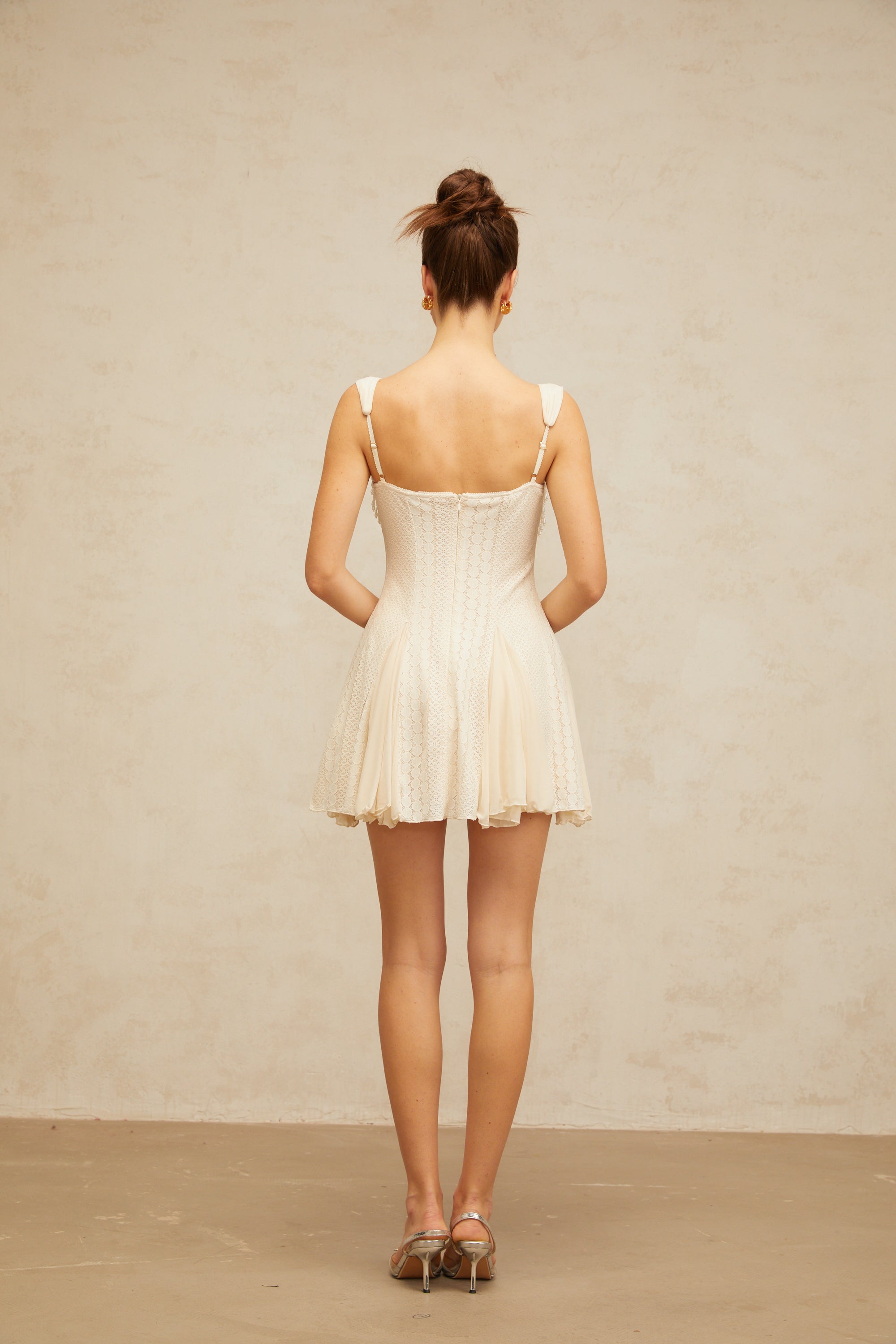 atalanta embellished flared mini dress in cream-white
