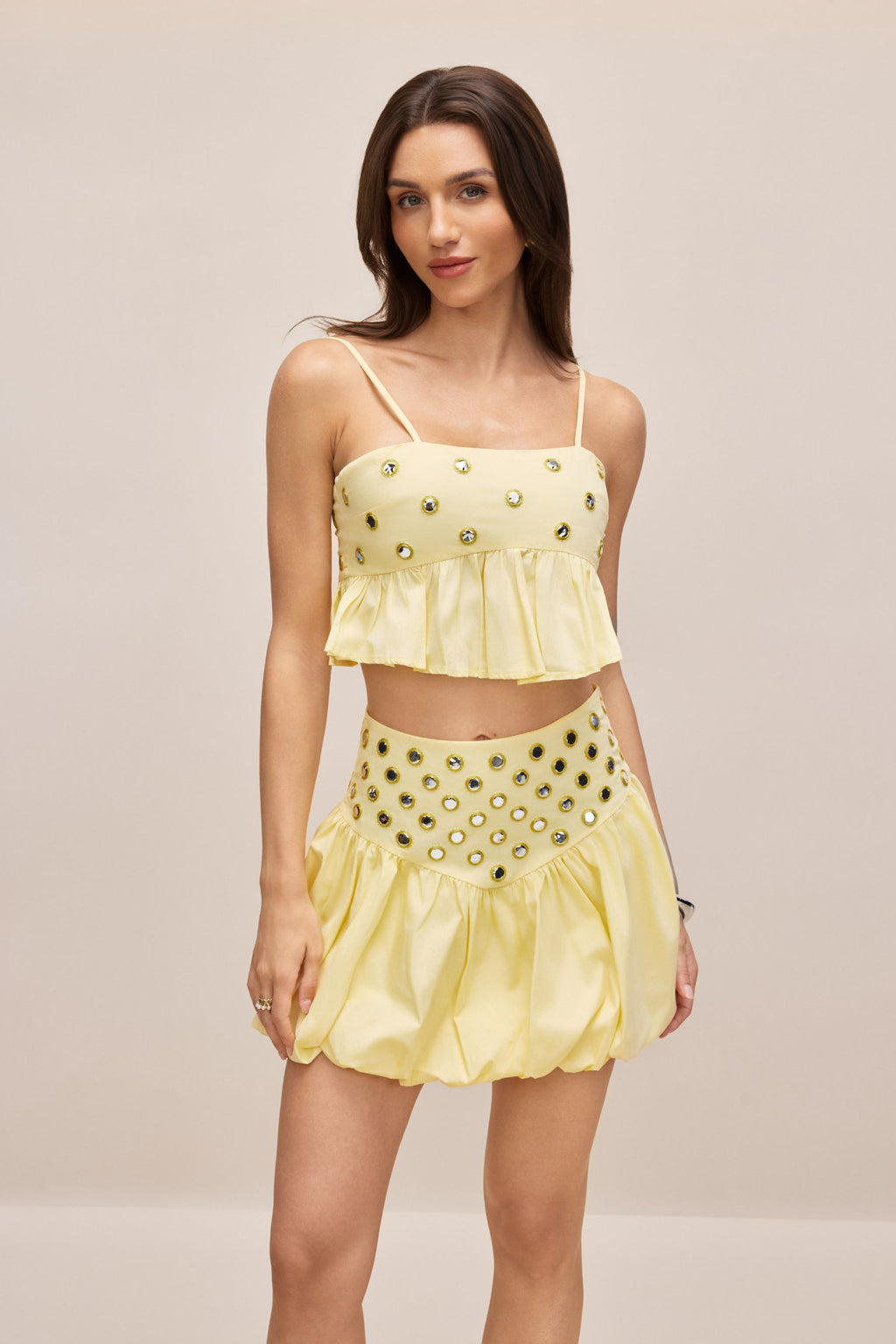 ursula Mirror Embellished Crop Top & Bubble Skirt Set