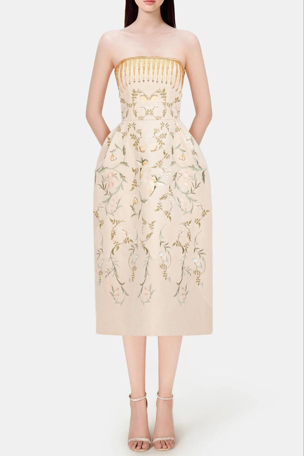 EMBROIDERED PRINTED MIDI DRESS IN BEIGE