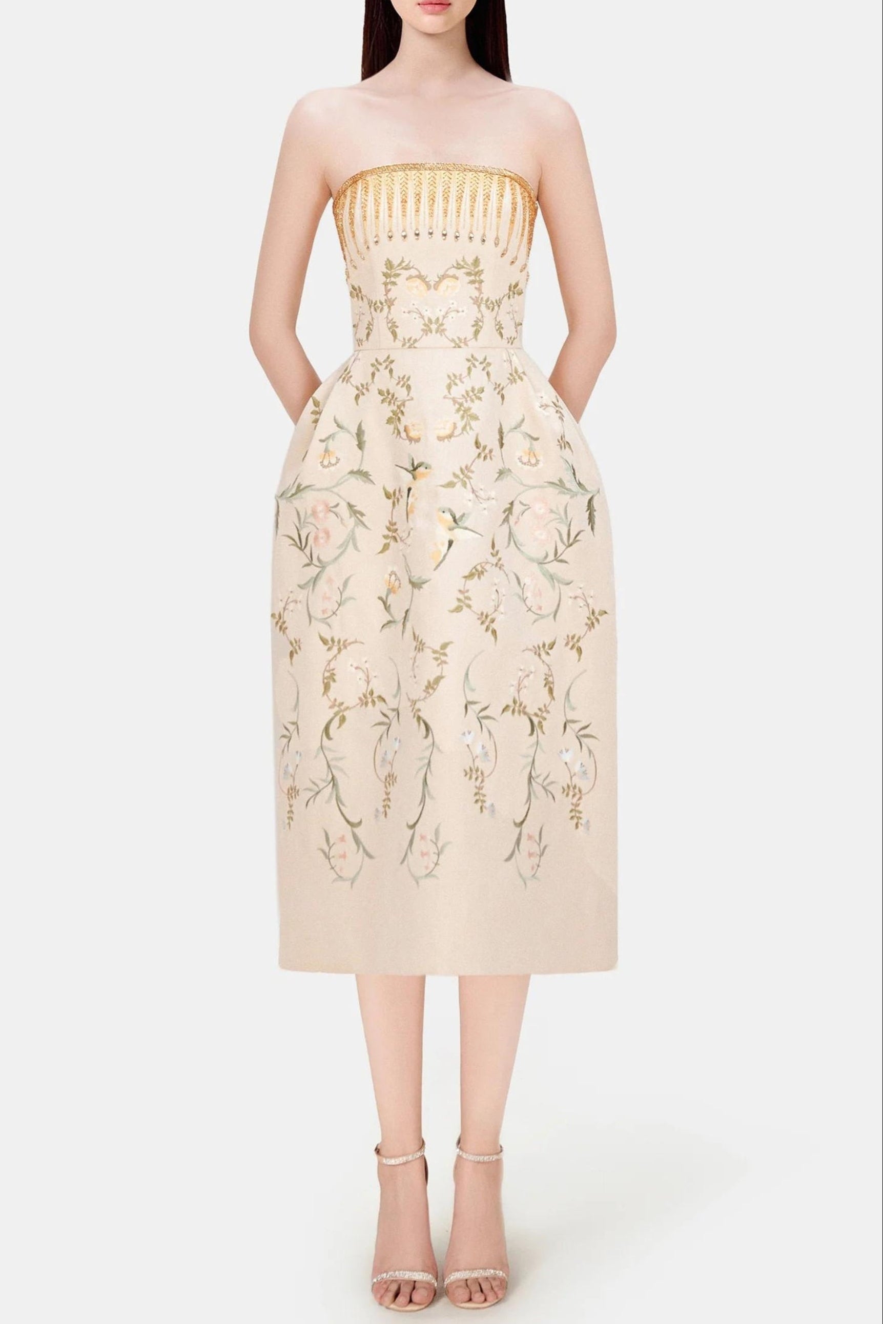 EMBROIDERED PRINTED MIDI DRESS IN BEIGE