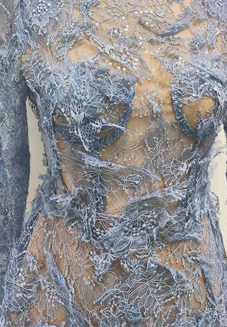 FLORAL AND RAMAGE EMBROIDERY MIDI DRESS IN BLUE