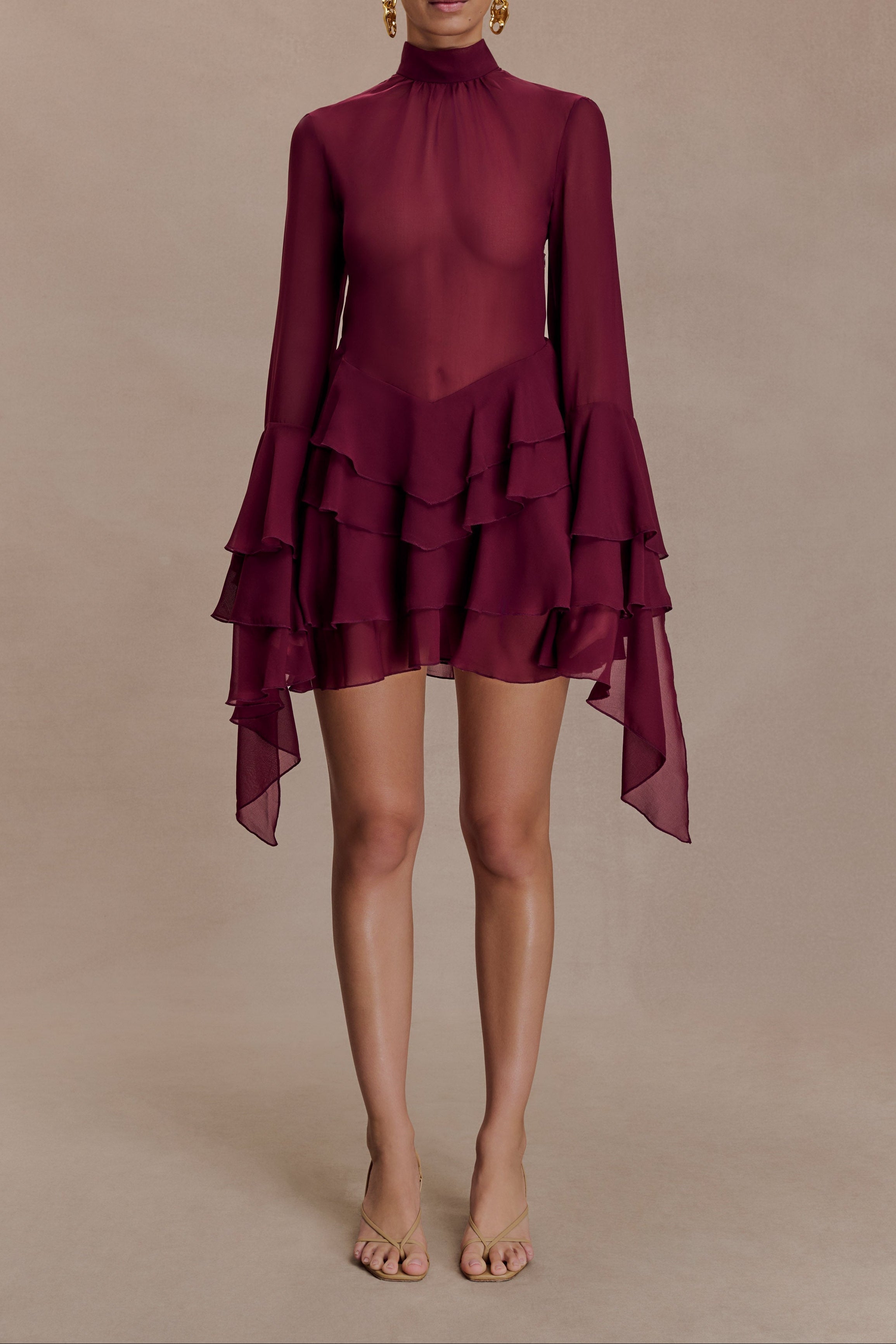 Chiffon Ruffle Mini Dress - Wine