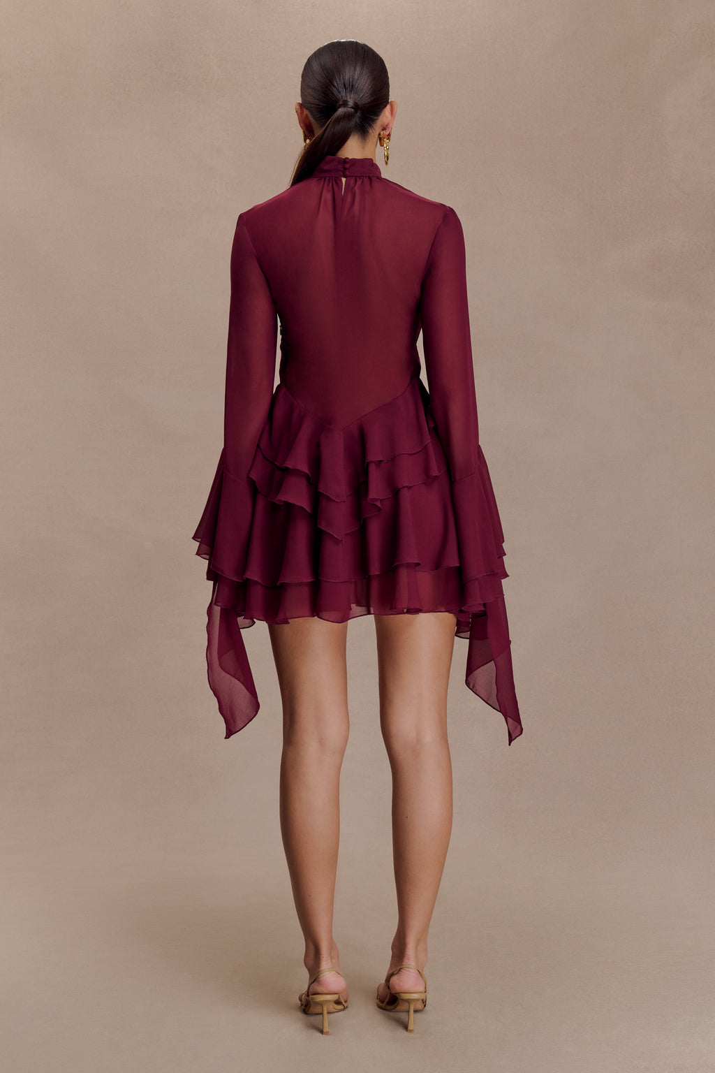 Chiffon Ruffle Mini Dress - Wine