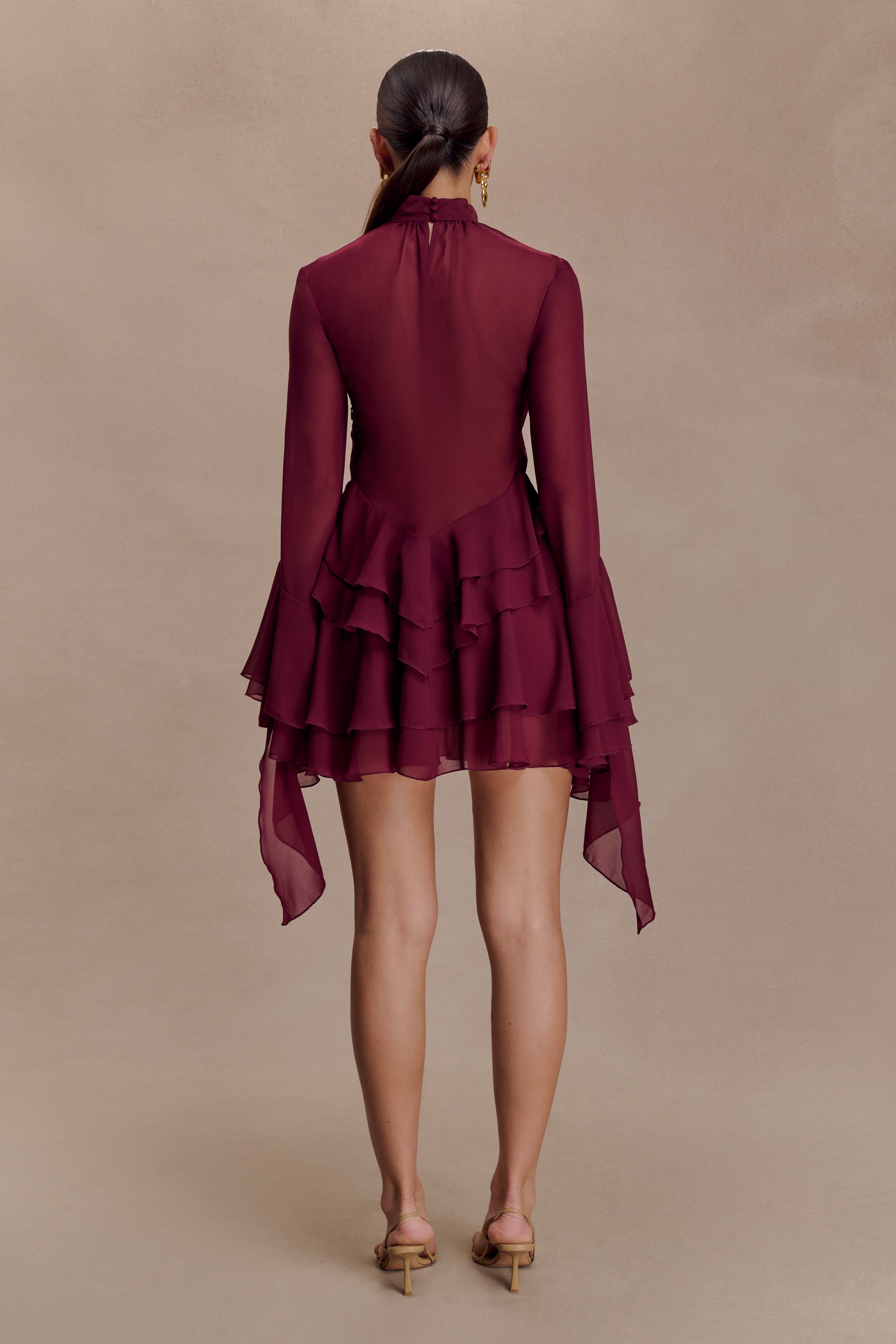 Chiffon Ruffle Mini Dress - Wine