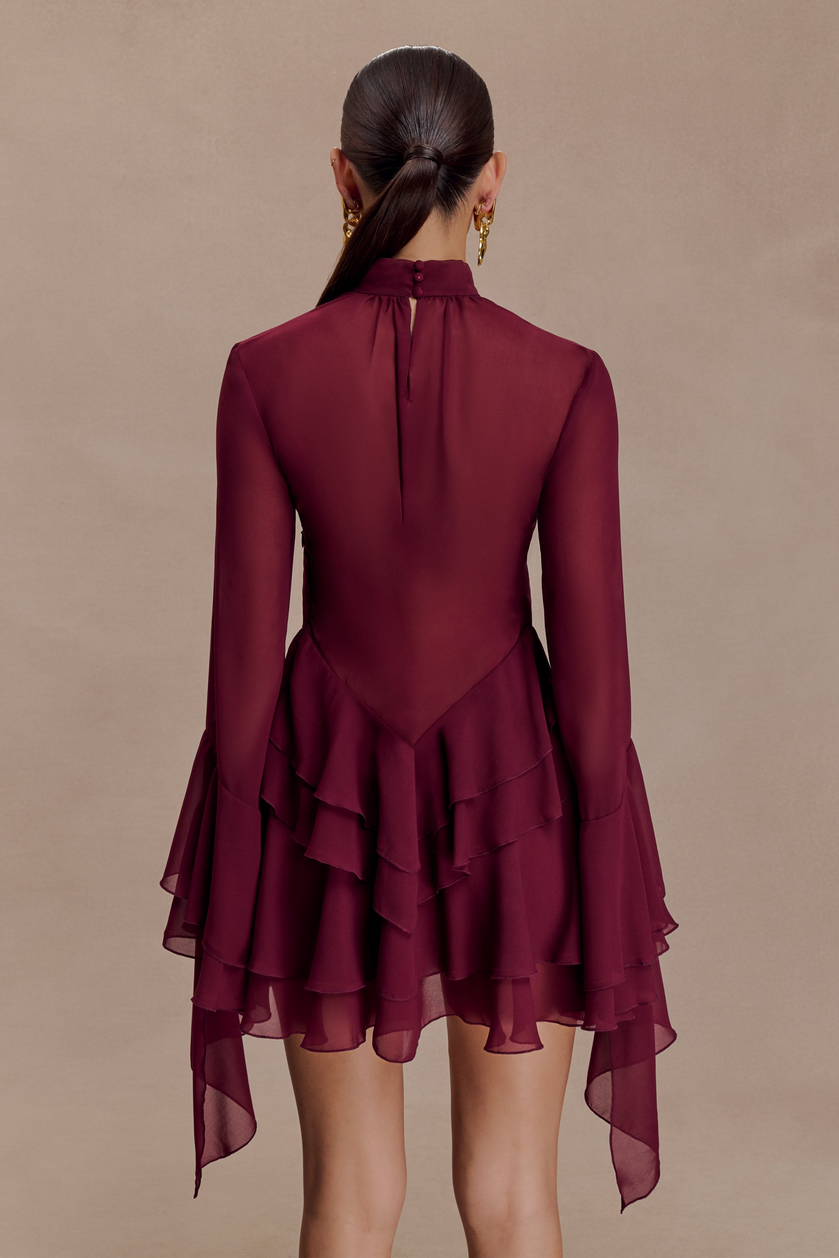 Chiffon Ruffle Mini Dress - Wine