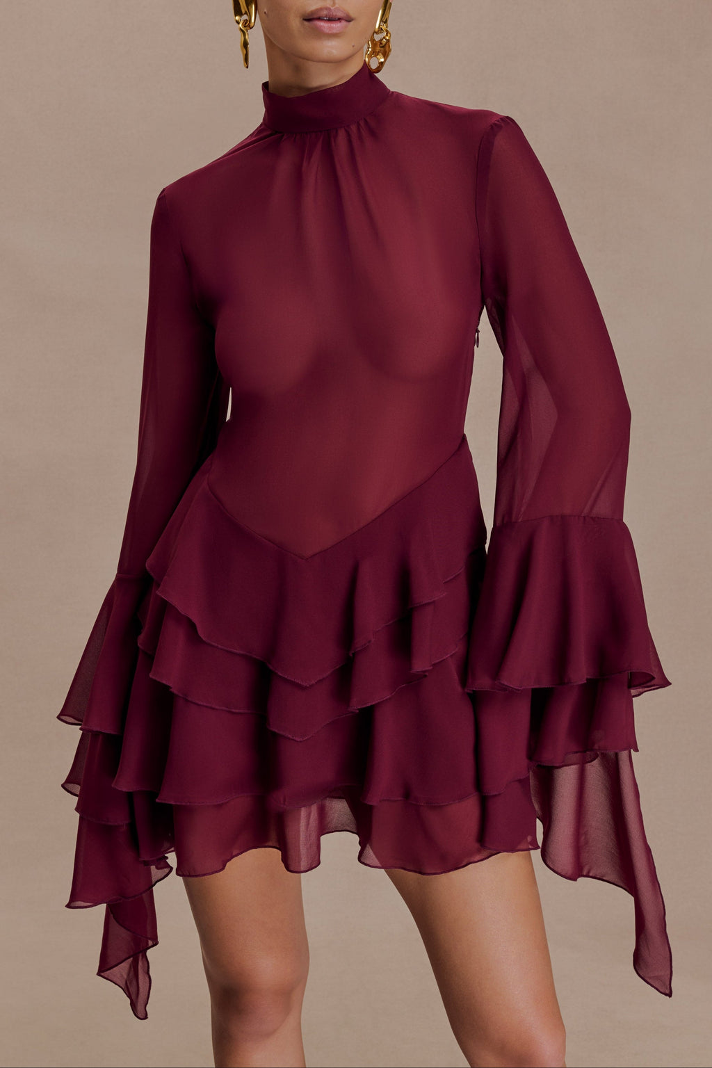 Chiffon Ruffle Mini Dress - Wine