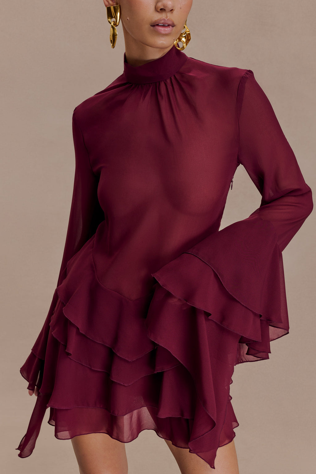 Chiffon Ruffle Mini Dress - Wine