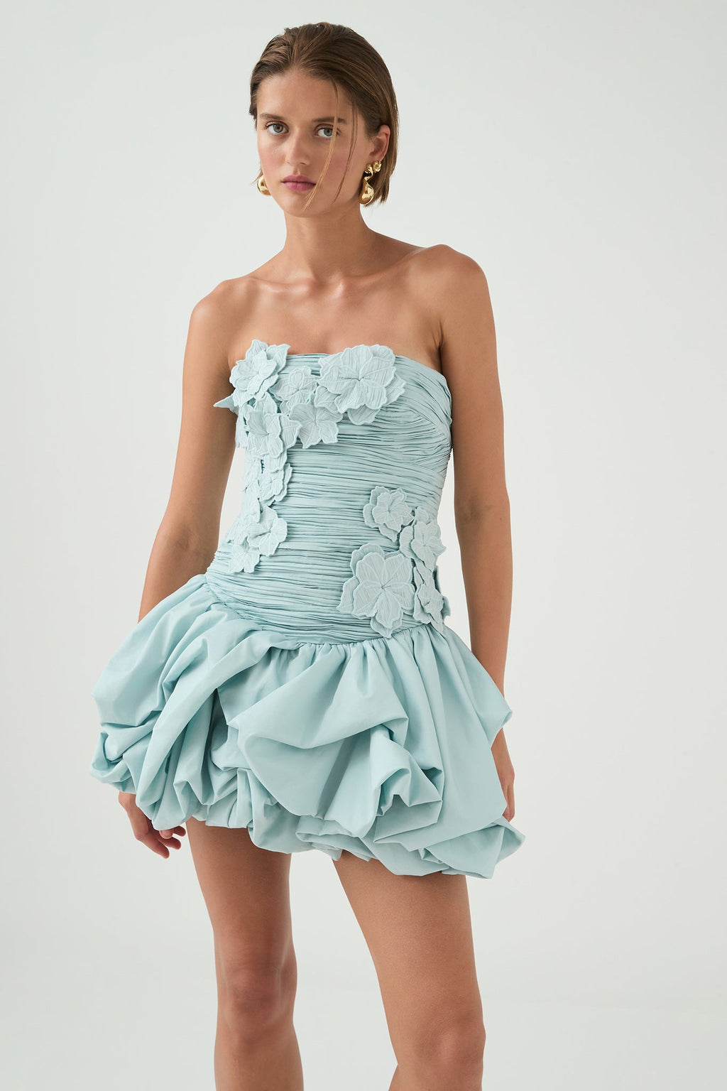 moira floral strapless Puffy mini dress in blue