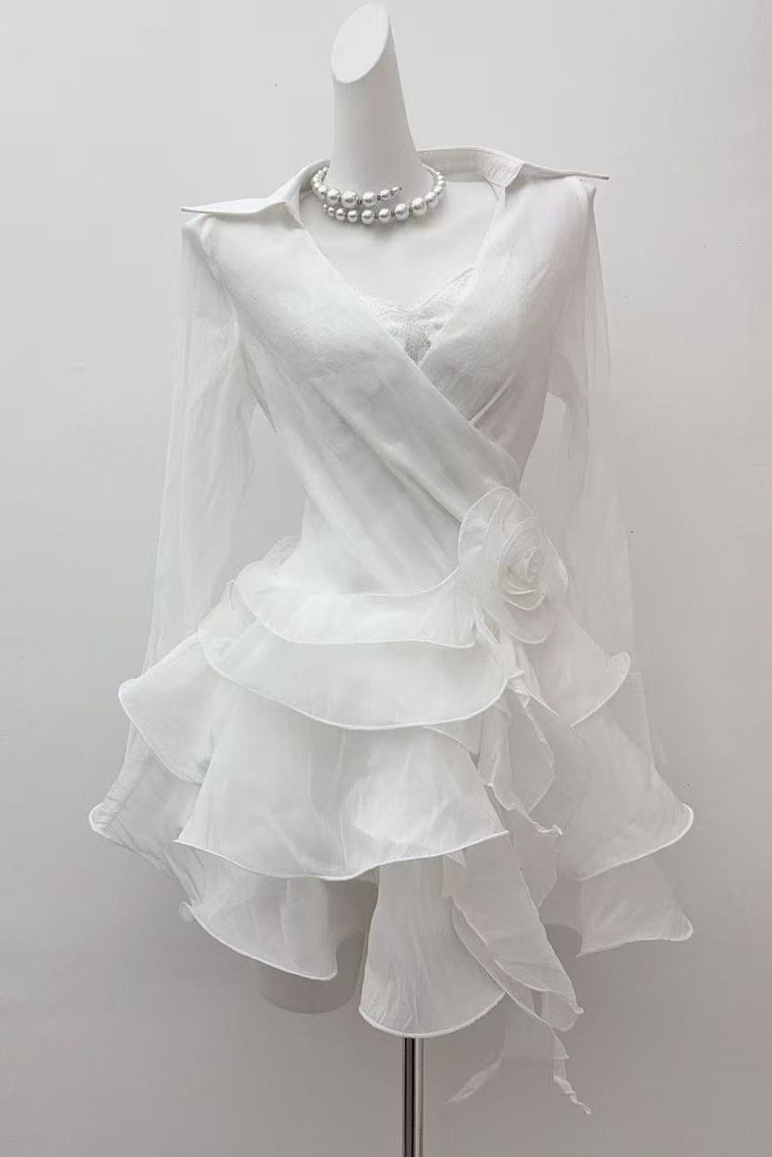 flower ruffle ribbon mini dress in white