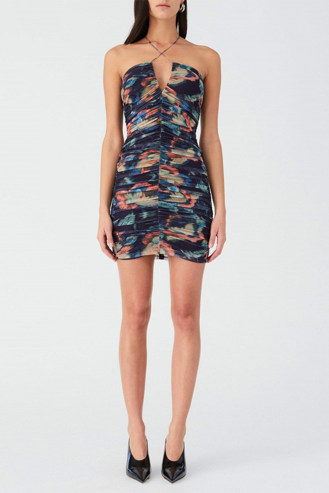 multicolor floral print pleated Bodycon Mini Dress