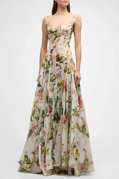 multicolor floral print fauna gazar gown