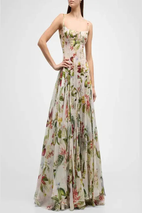 multicolor floral print fauna gazar gown