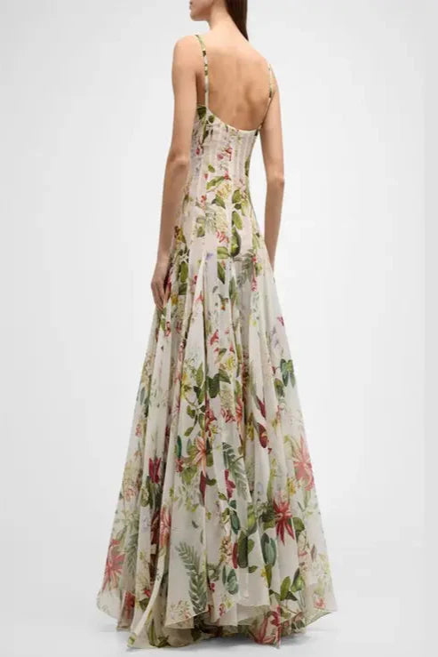 multicolor floral print fauna gazar gown