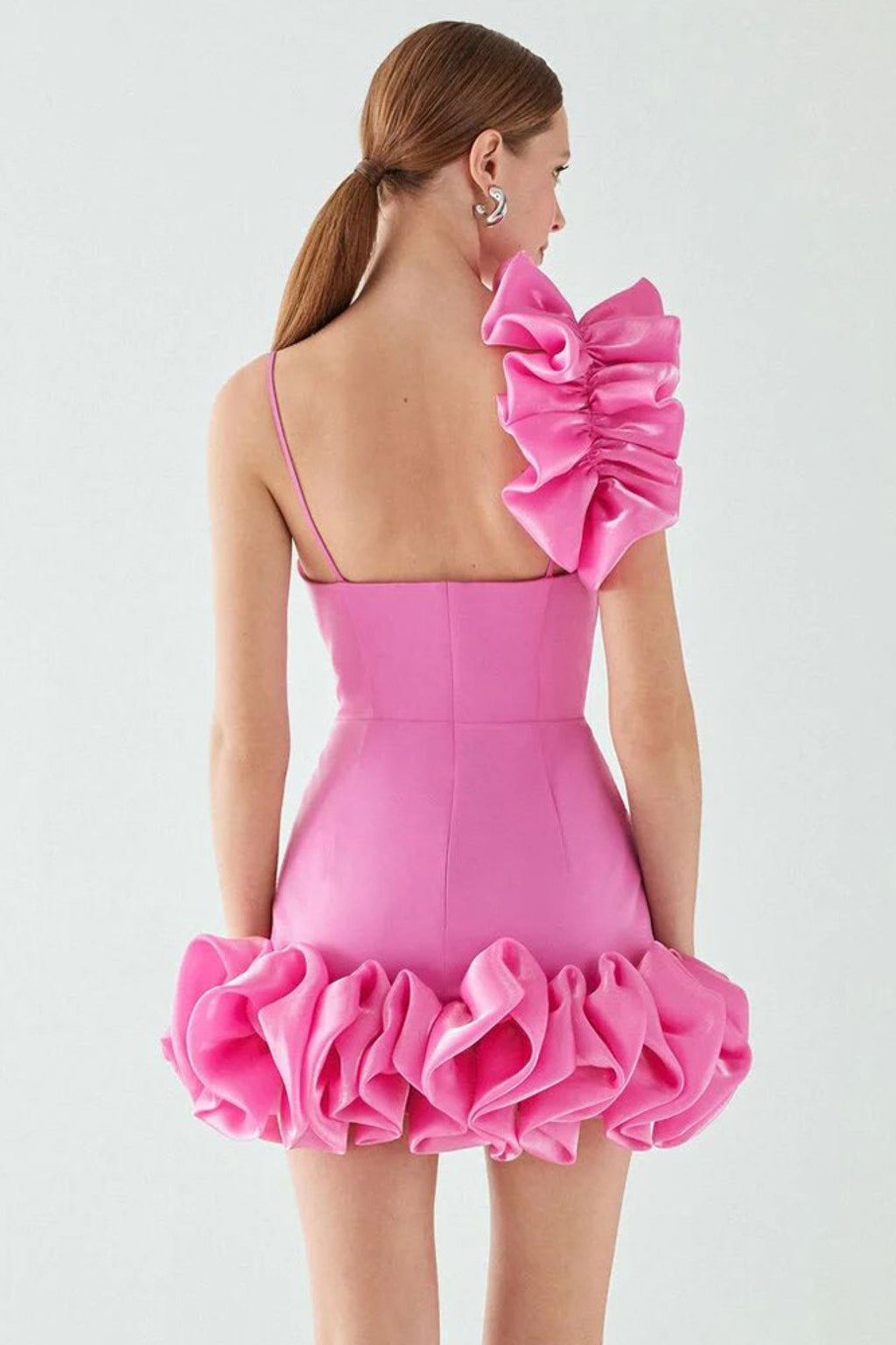 Ruffle one shoulder mini dresses in pink