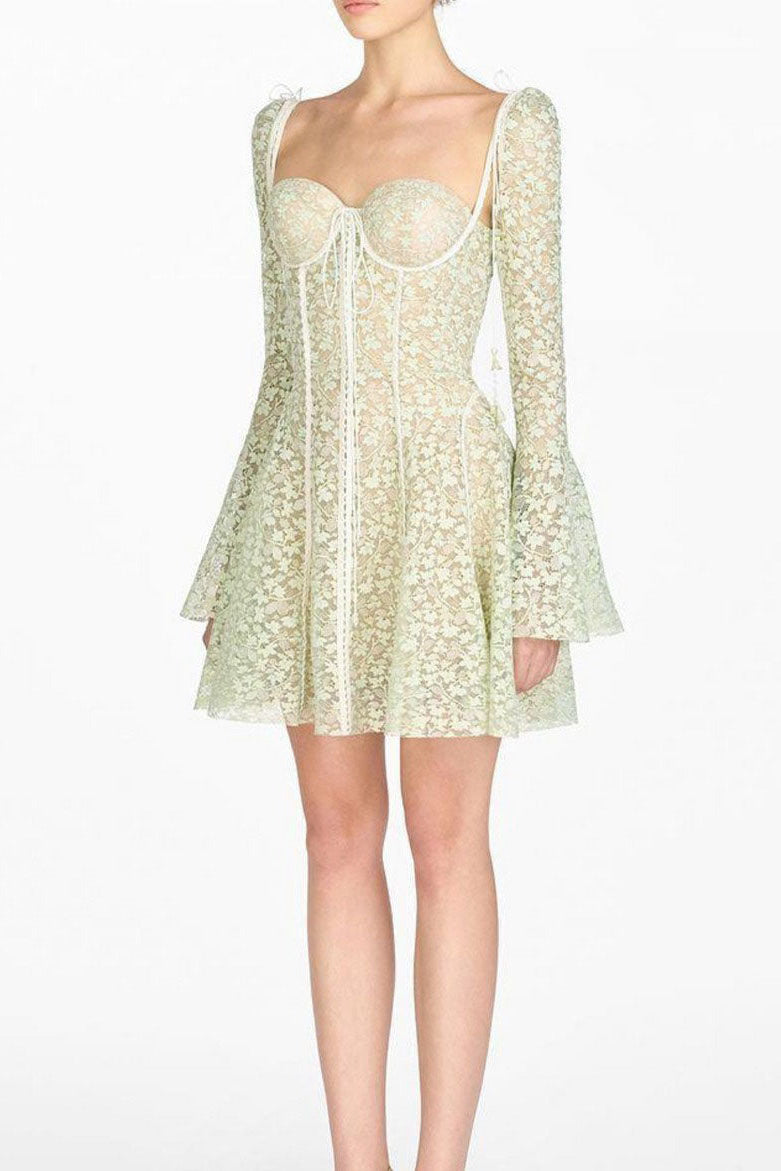 TERESA TRUMPET SLEEVE LACE EMBROIDERY MINI DRESS IN GREEN