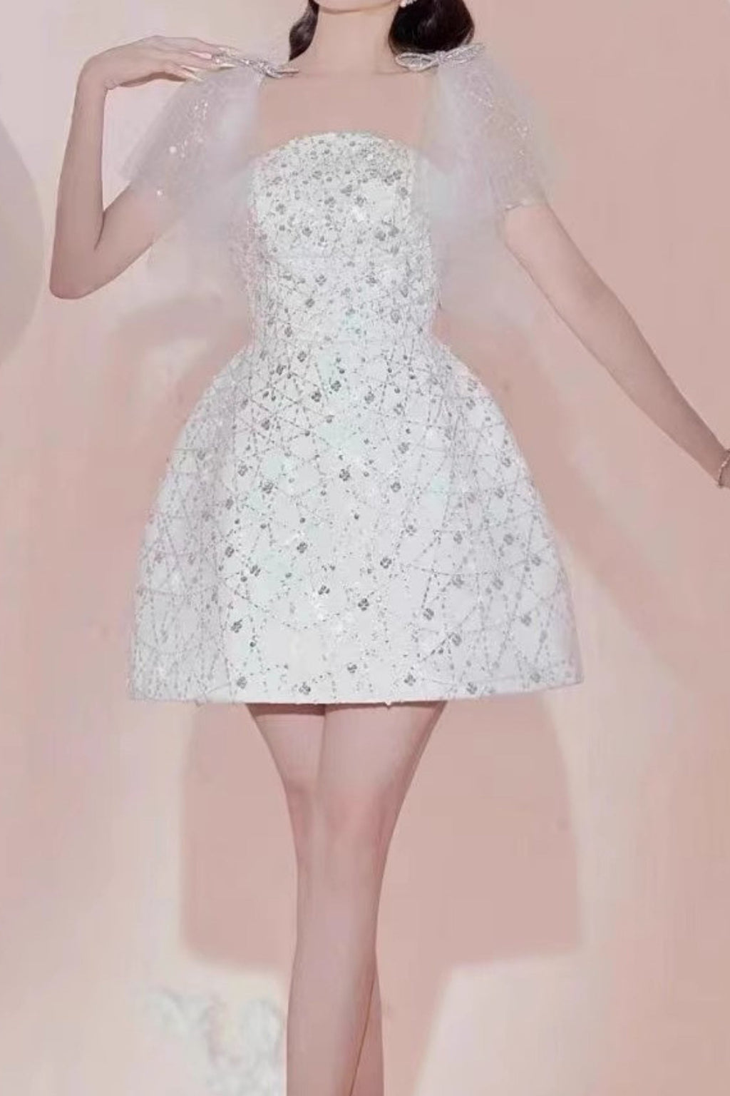 Sequin bow mini dress in white