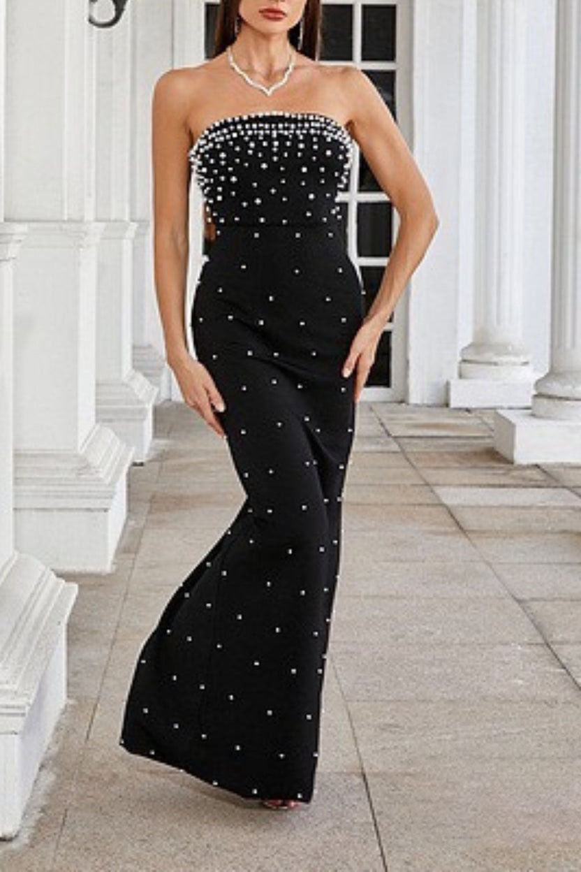 pearl-embellished strapless gown in black