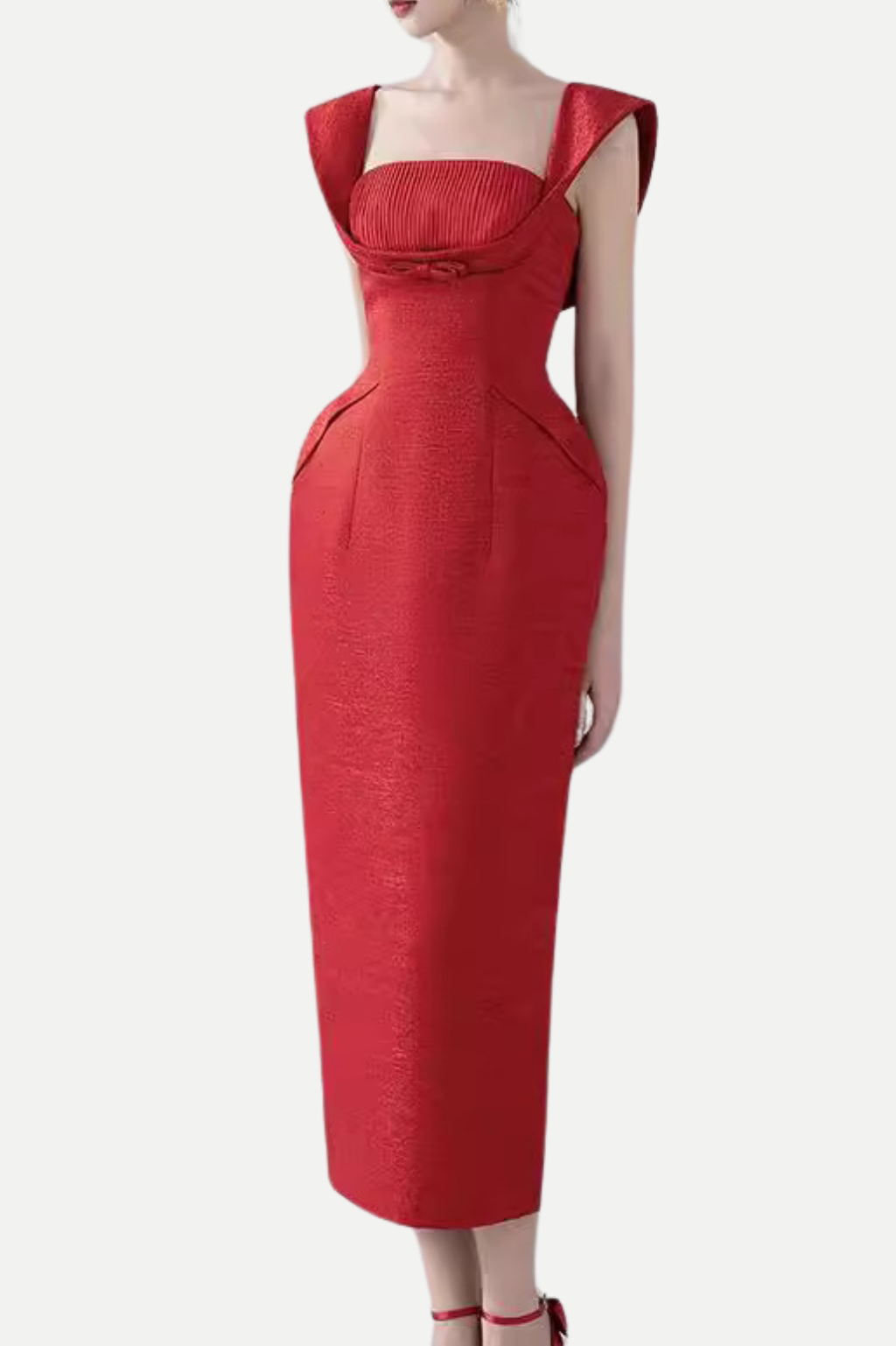square neckline bow midi dress in red