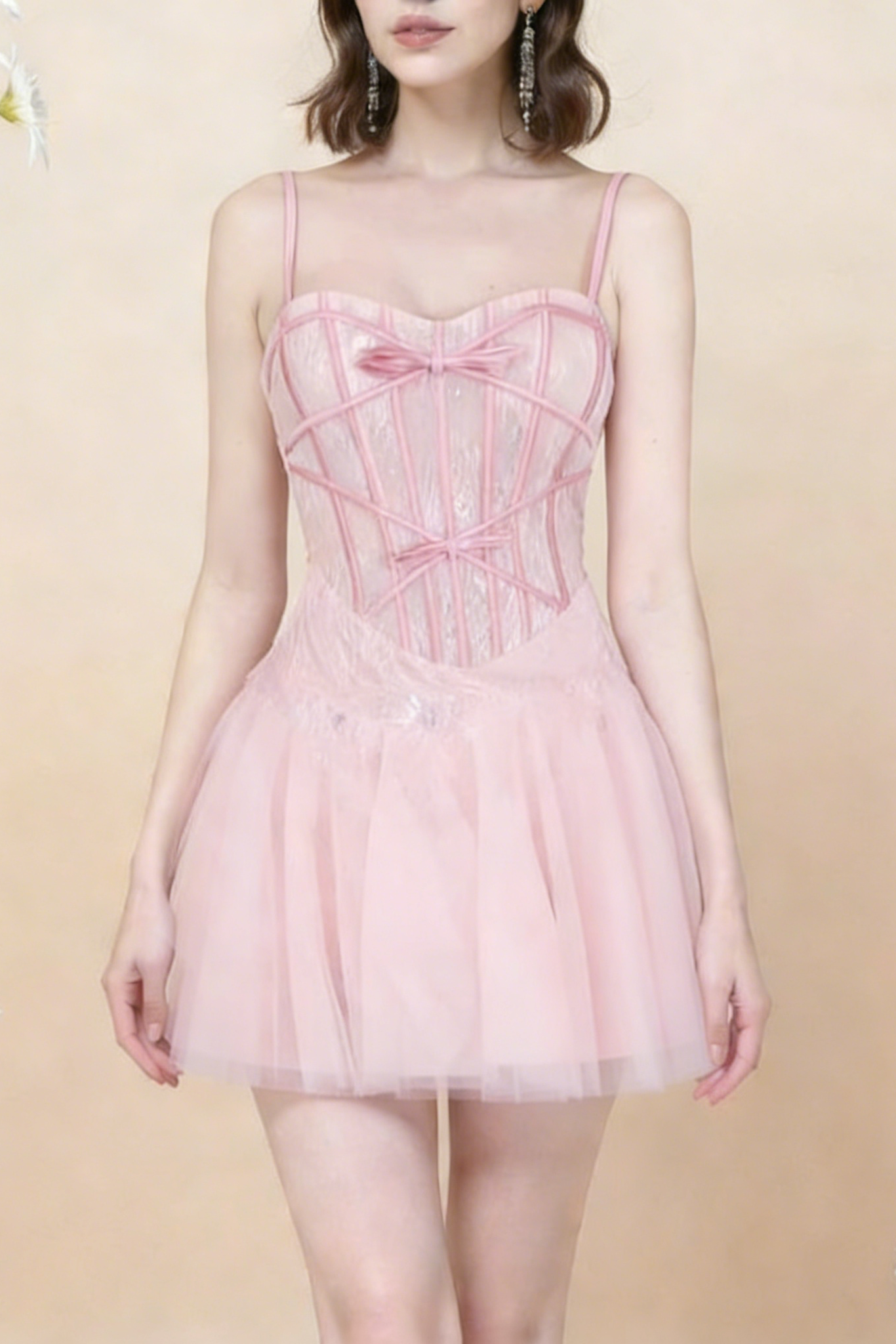bow Tulle Corset mini Dress in Pink