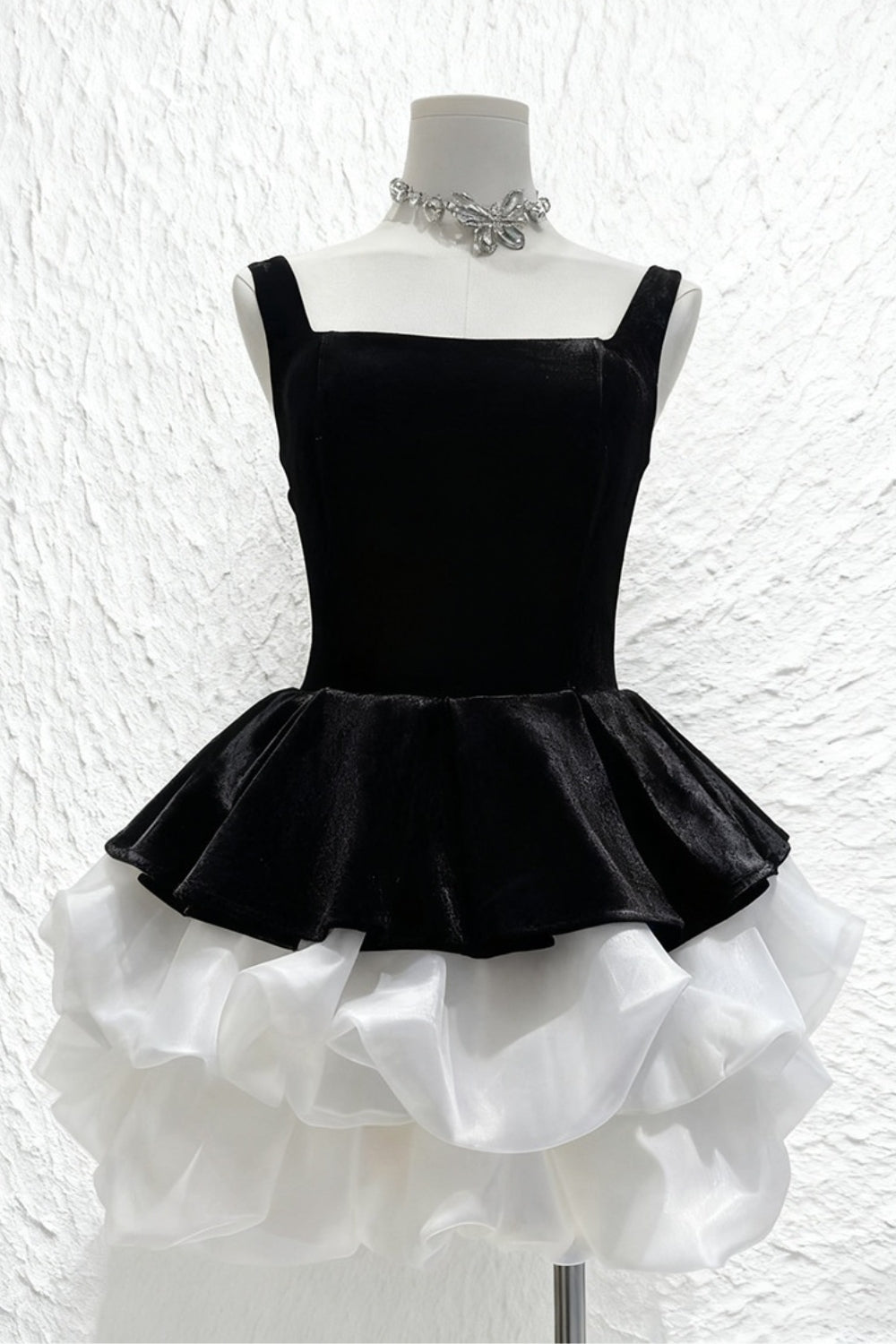 alexandra layer Wavy trim mini dress  - black/white