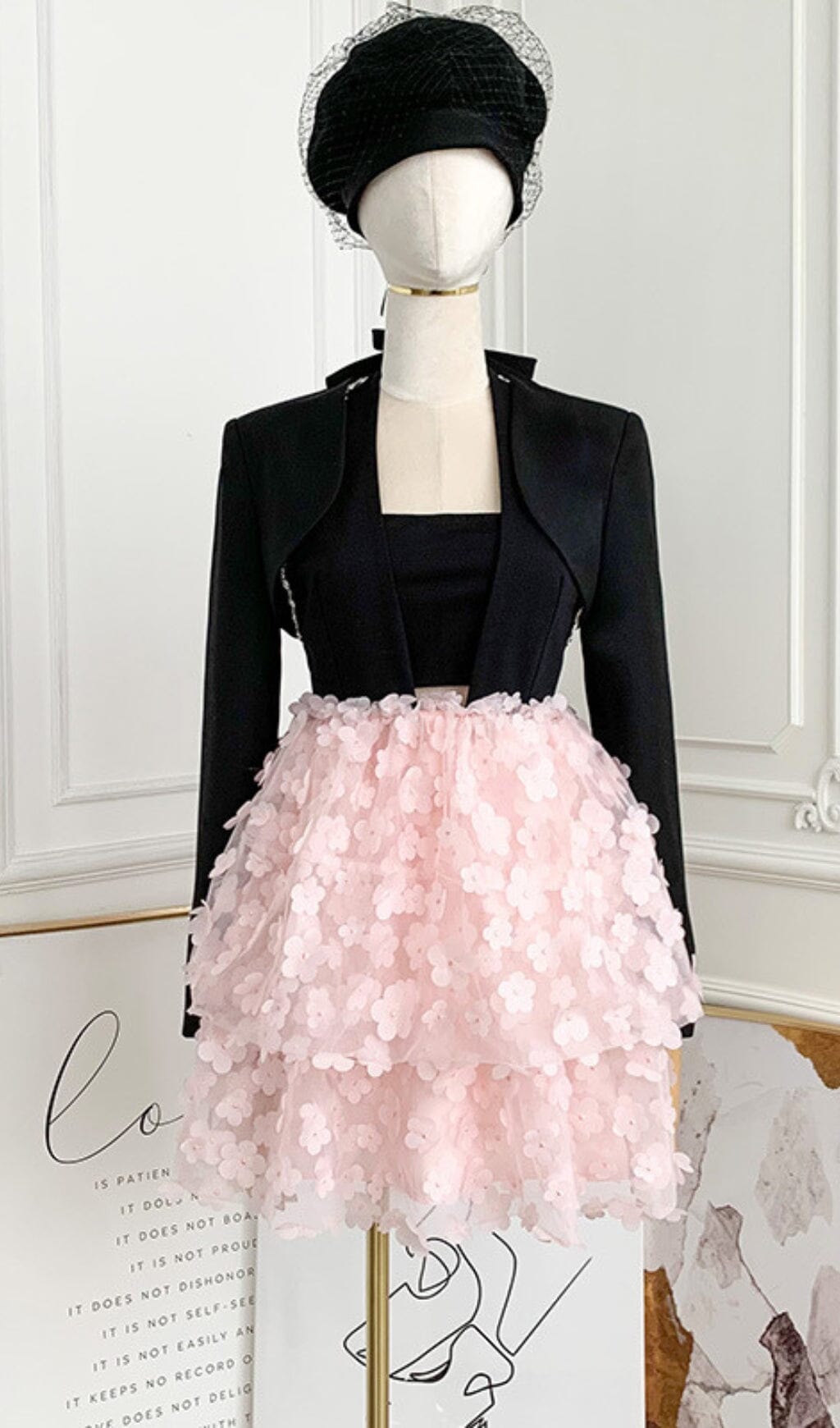 SLEEVELESS HALTER DRESS WITH PINK FLOWERS IN BLACK