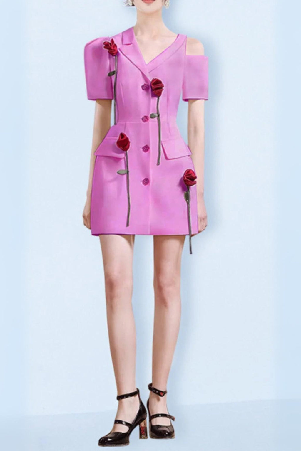 ROSE-EMBELLISHED ASYMMETRIC JACKET DRESS IN PINK