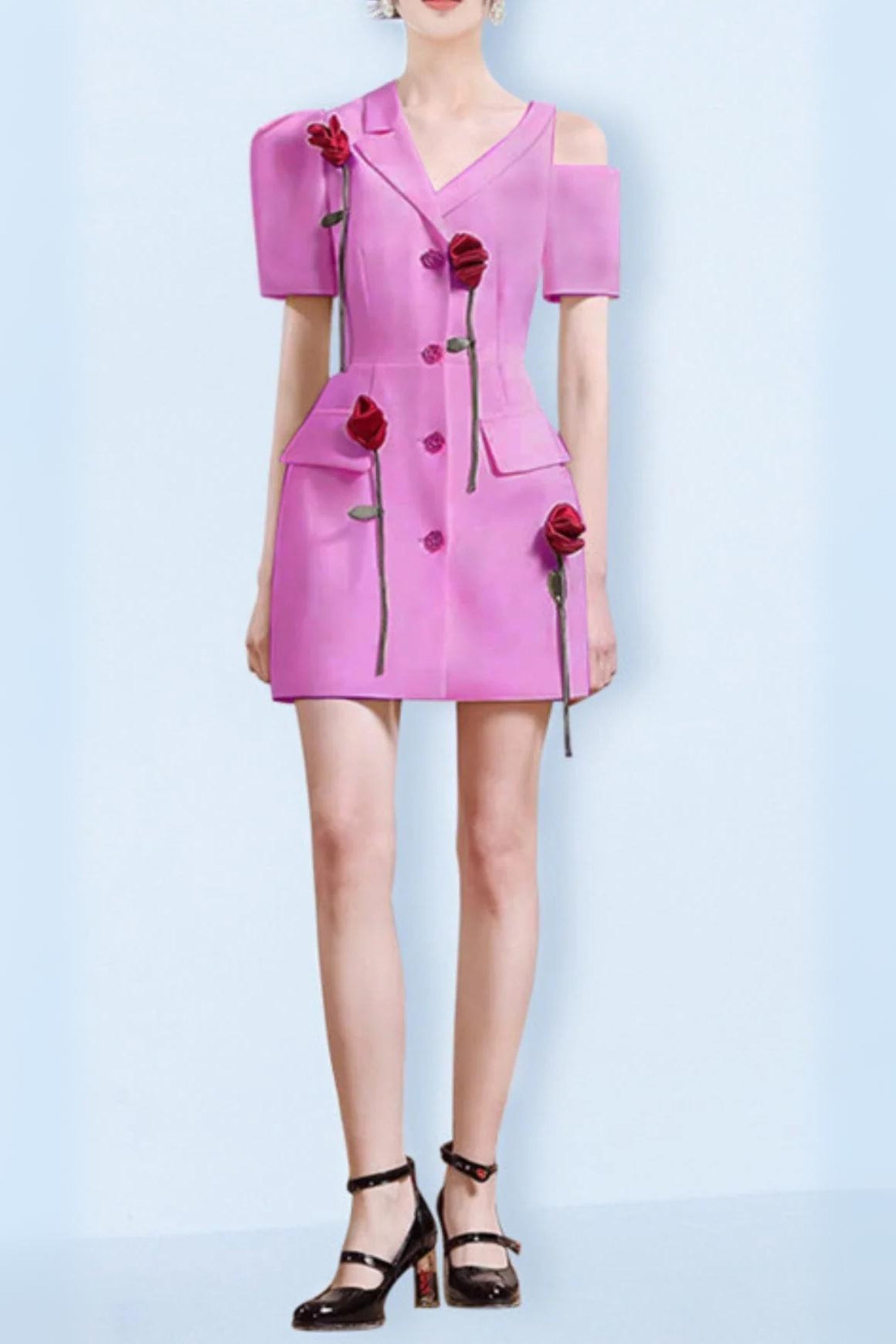 ROSE-EMBELLISHED ASYMMETRIC JACKET DRESS IN PINK