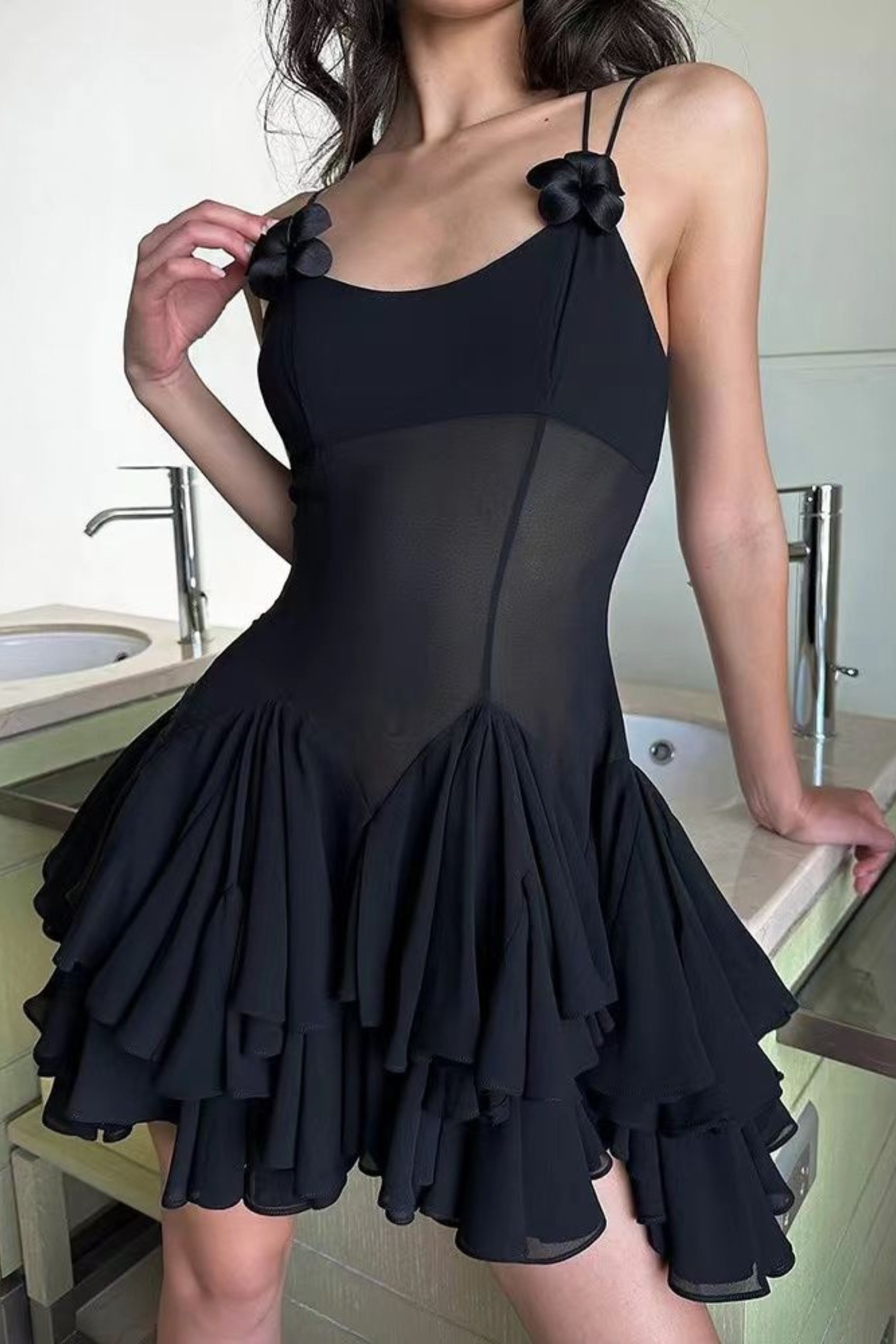 Lycra floral mini dress in black