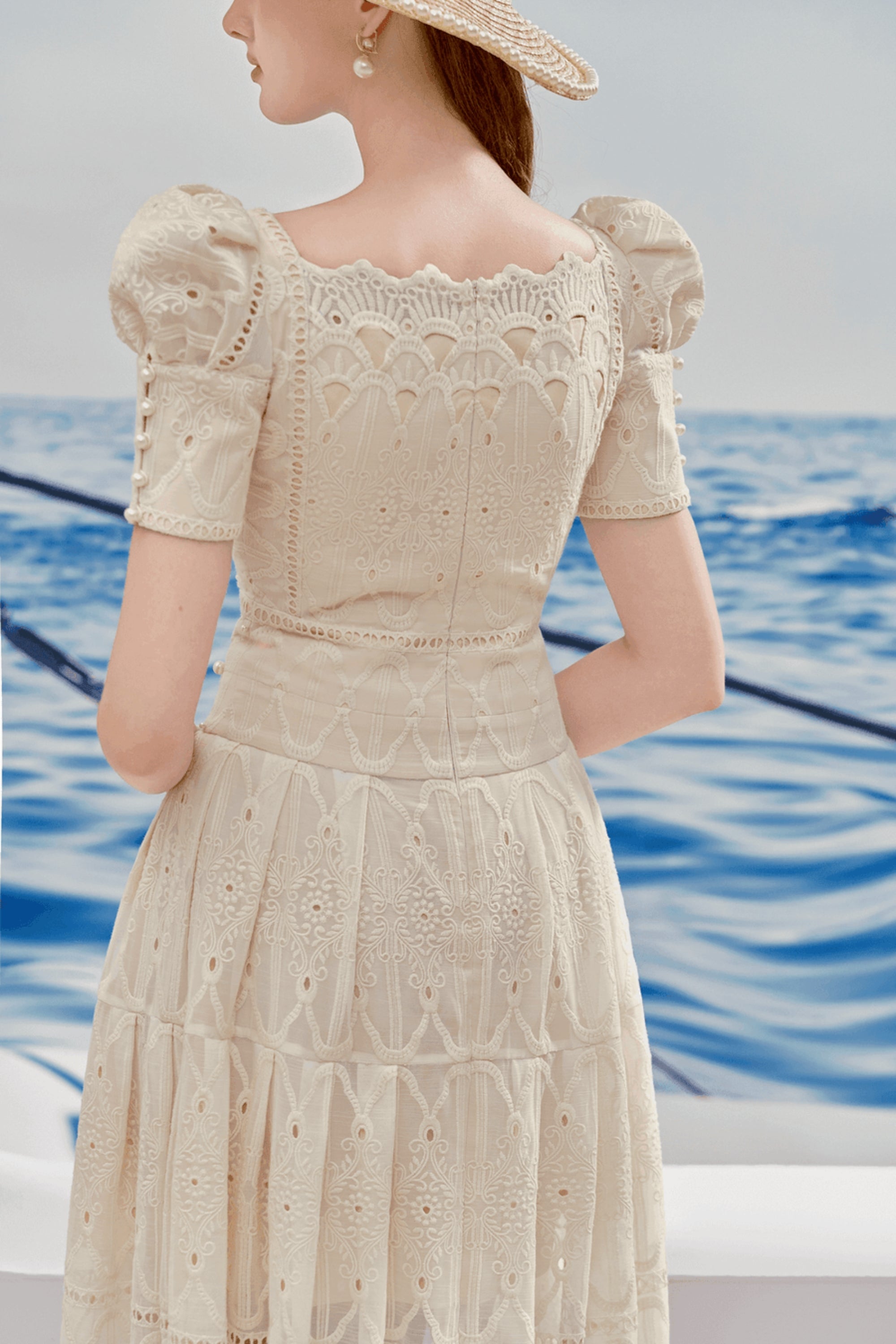 A-line Leg Of Mutton Sleeved Lace Midi Dress